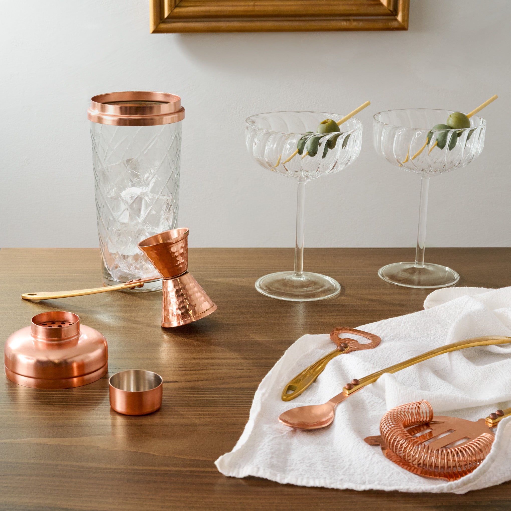 Hammered Copper Bundle Pairing shown with coupe glasses