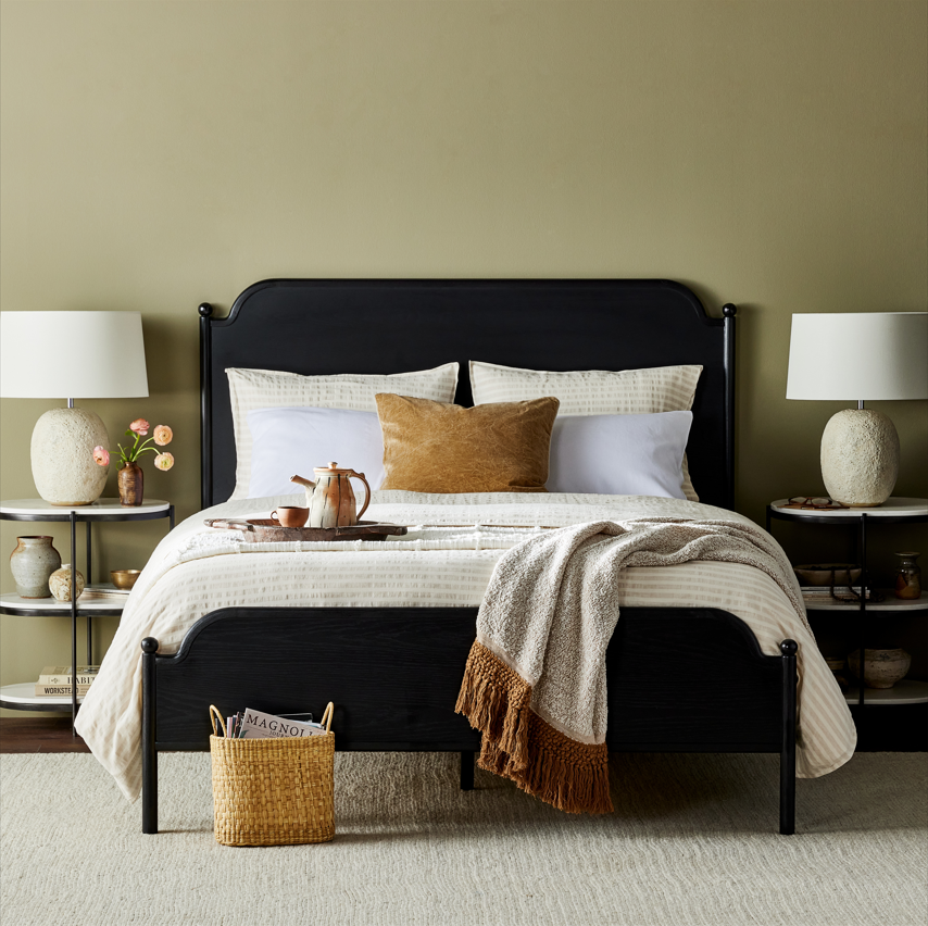 Lily Nightstand in a bedroom next to nadia bed