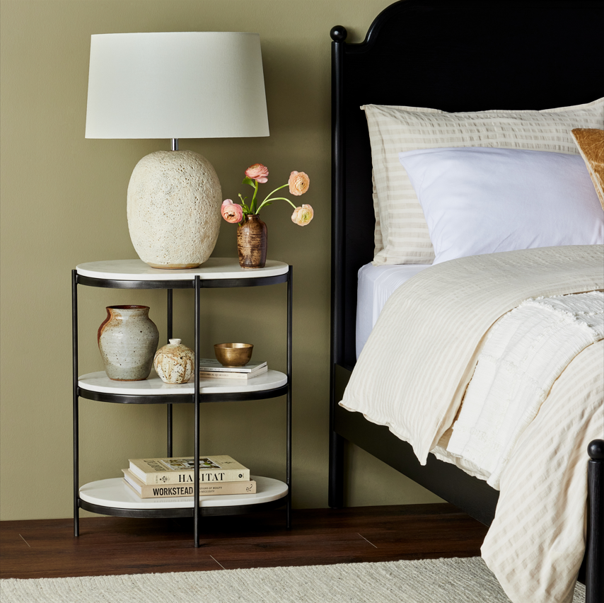 Nadia Bed next to Lily nightstand