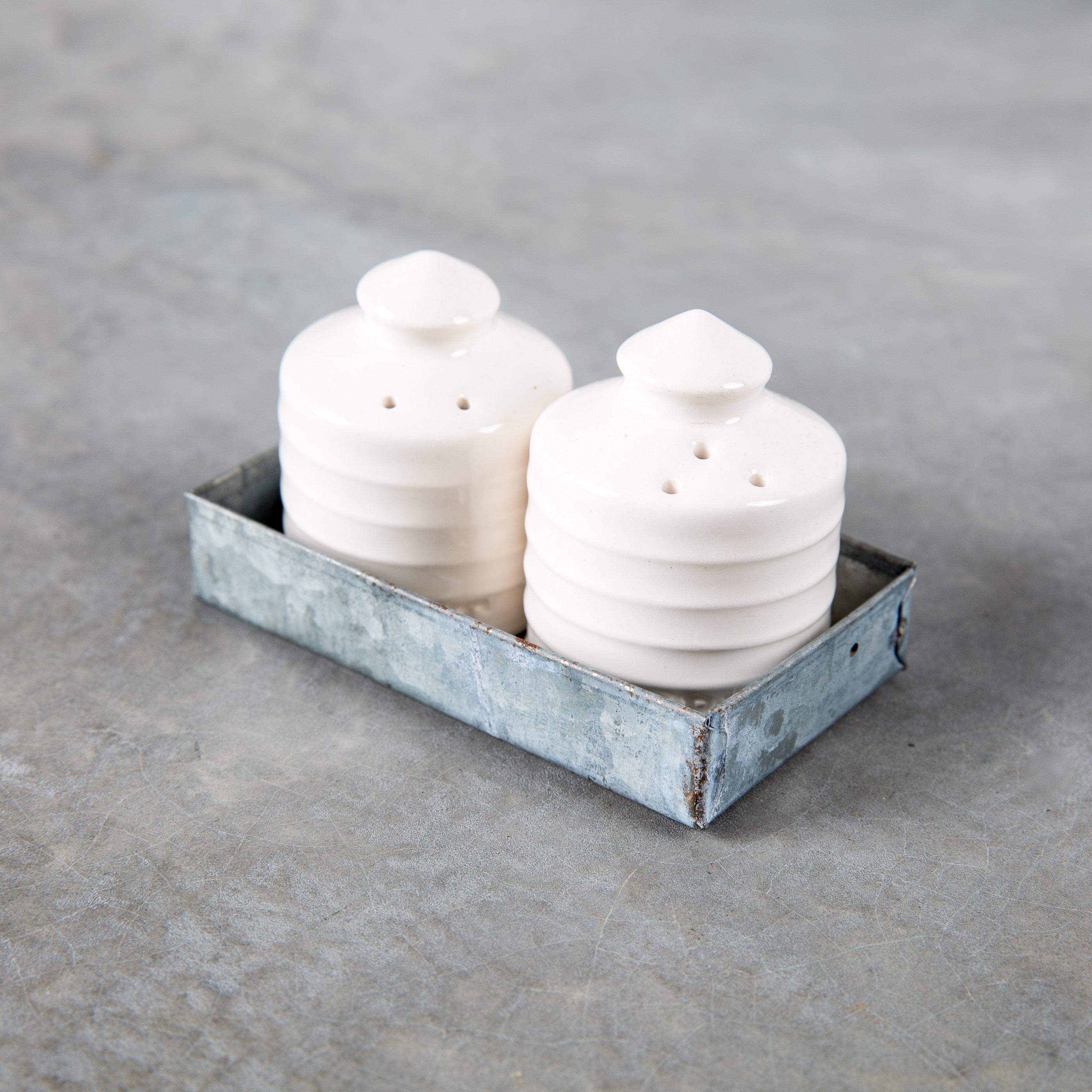 white ceramic salt and pepper shaker set shaped like silos in galvanized tin tray set