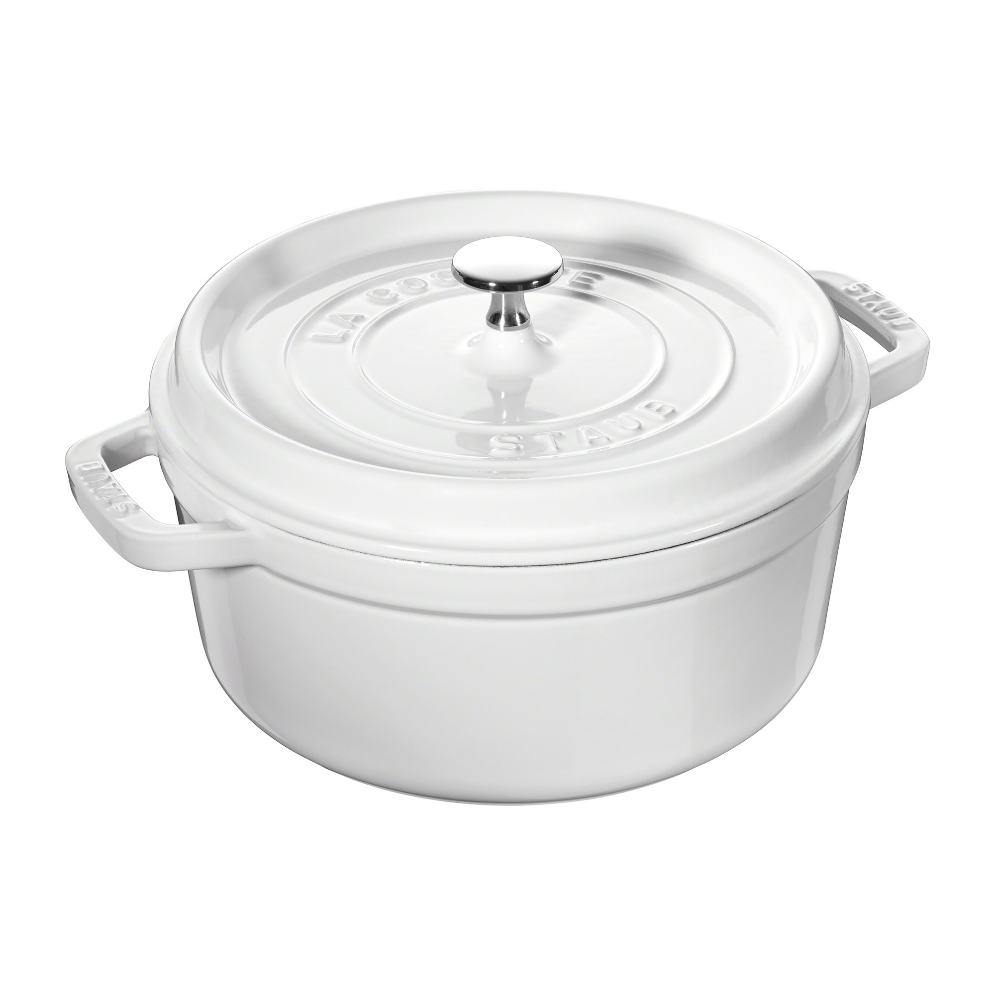 Staub 5.5 quart round cast iron dutch oven in white