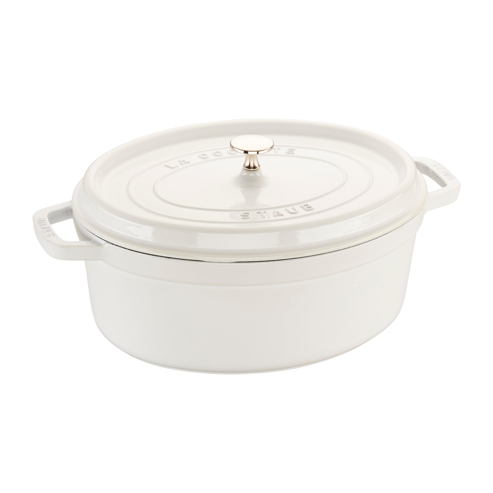 staub 7.25 quart enameled cast iron oval dutch oven in white