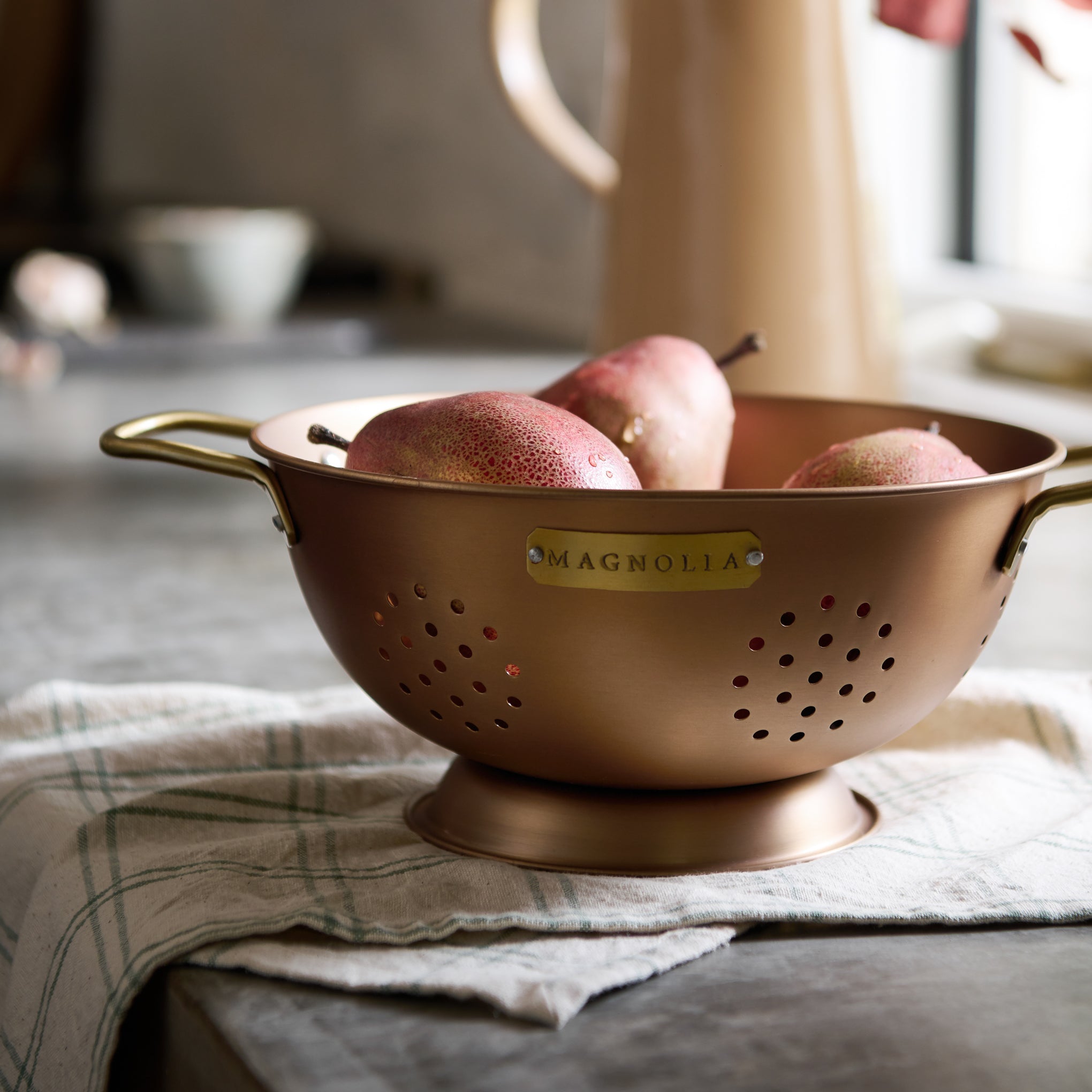 Magnoliass three quart Copper and Brass Colander