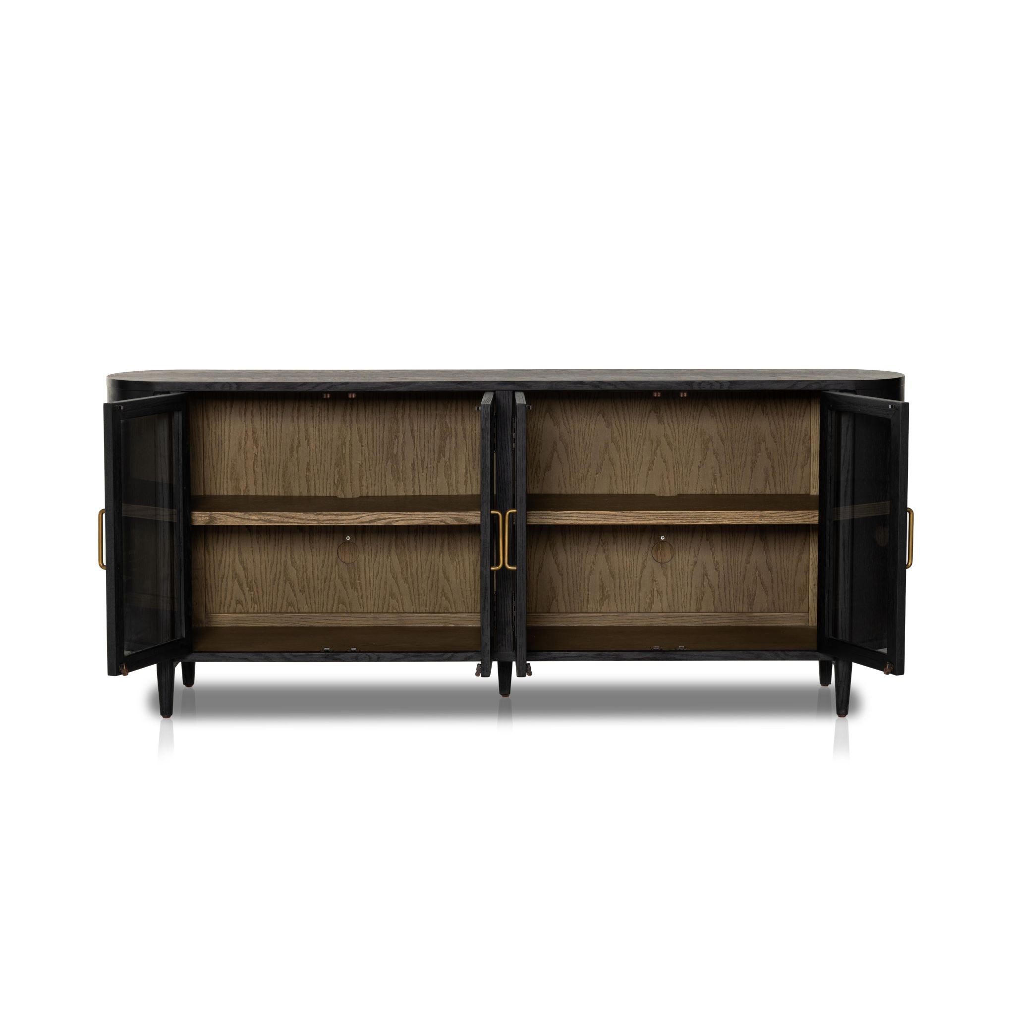 Belmont Sideboard front view with open cabinets