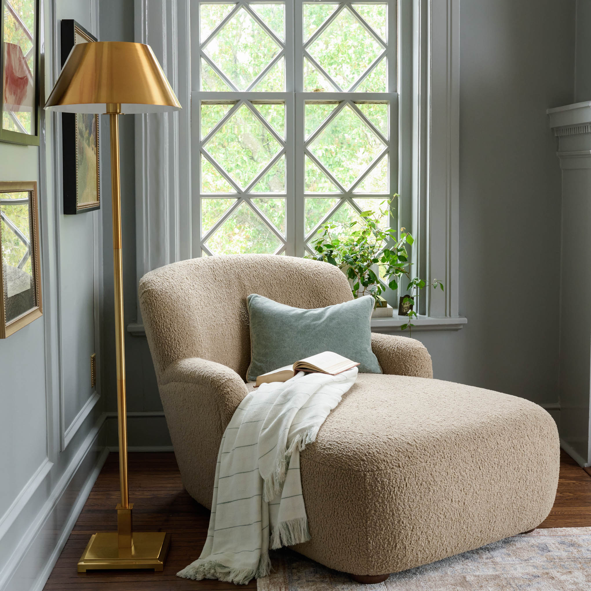 Ruby chaise lounge with florence plaid throw blanket