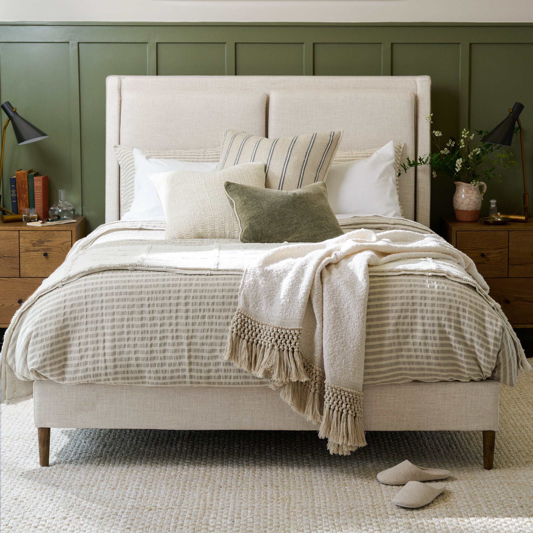 Shadow Grey + Oatmeal Stripe Linen Cotton Duvet on a made bed