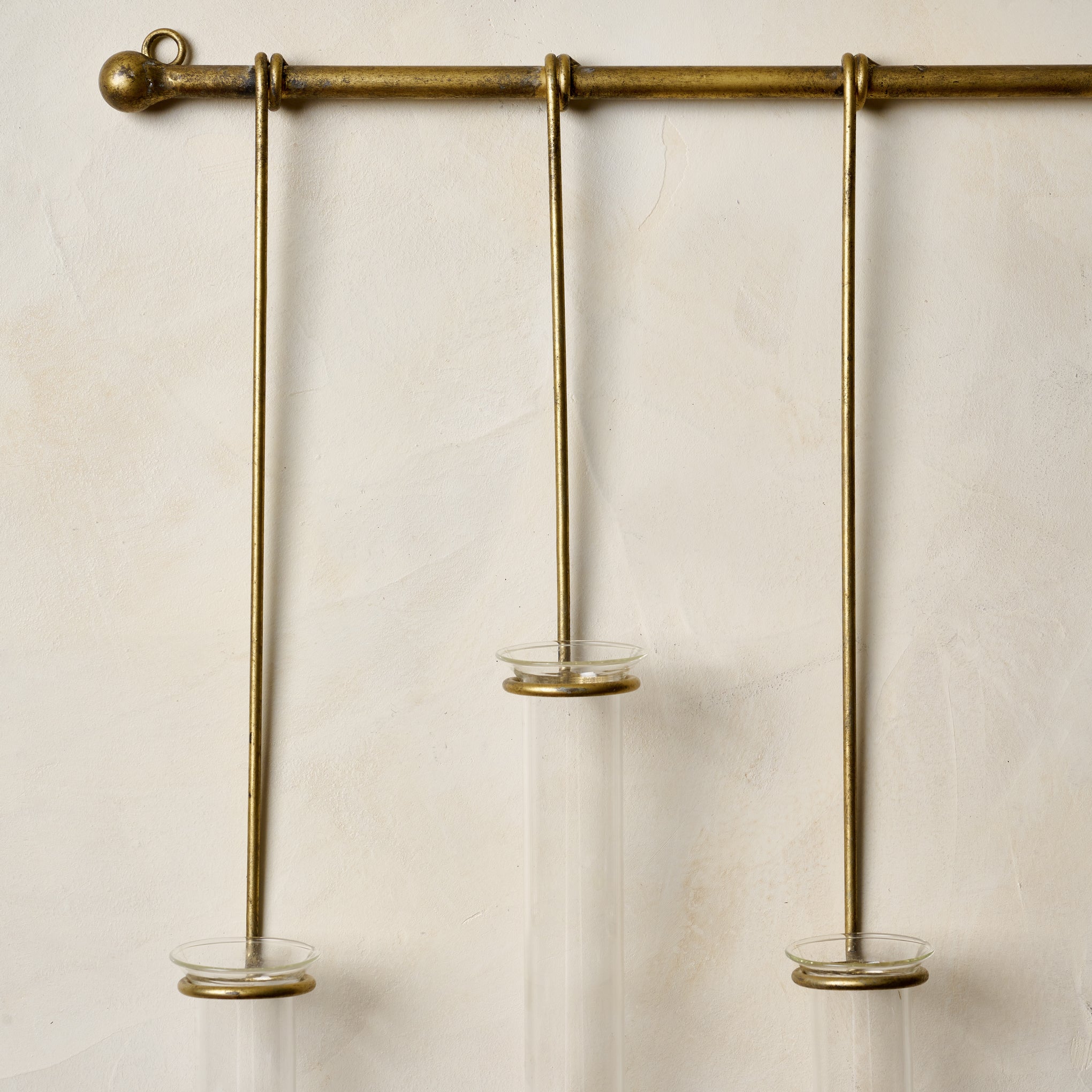 Lila Hanging Glass Wall Vase- Antique Brass, up close