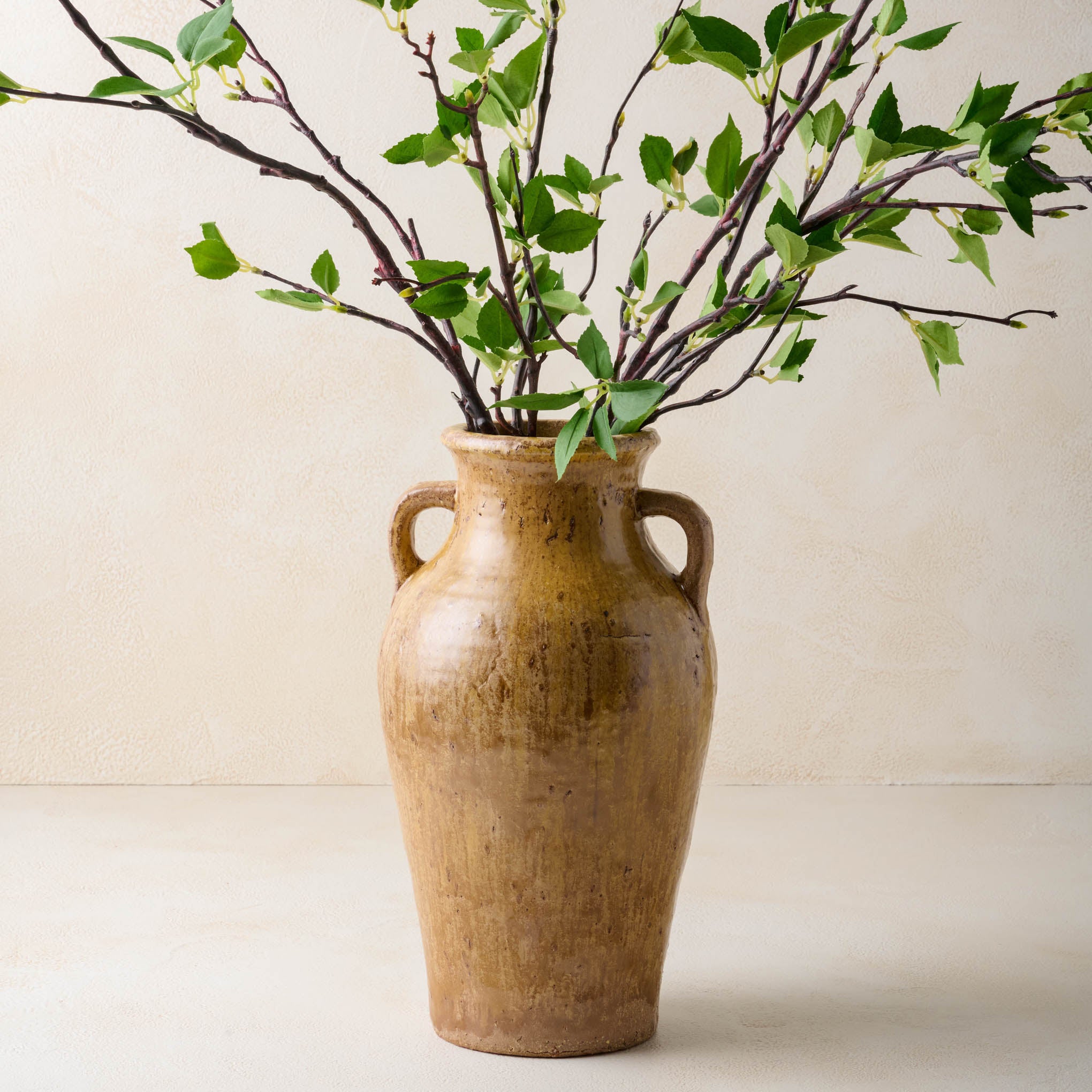 Green Leaf Branch in Ochre Ceramic Bud Vase