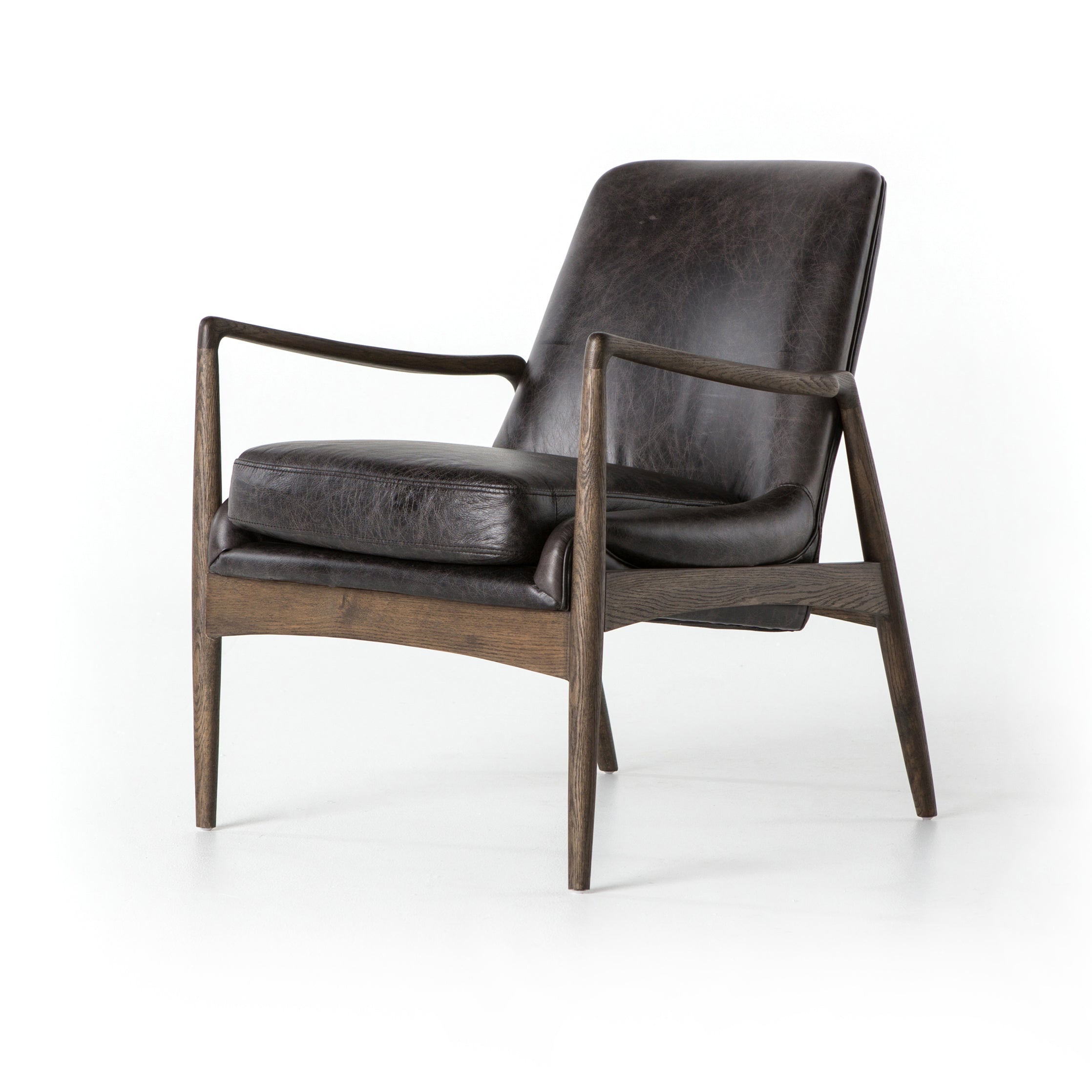 distressed black leather mid century modern arm chair with wooden arms and legs