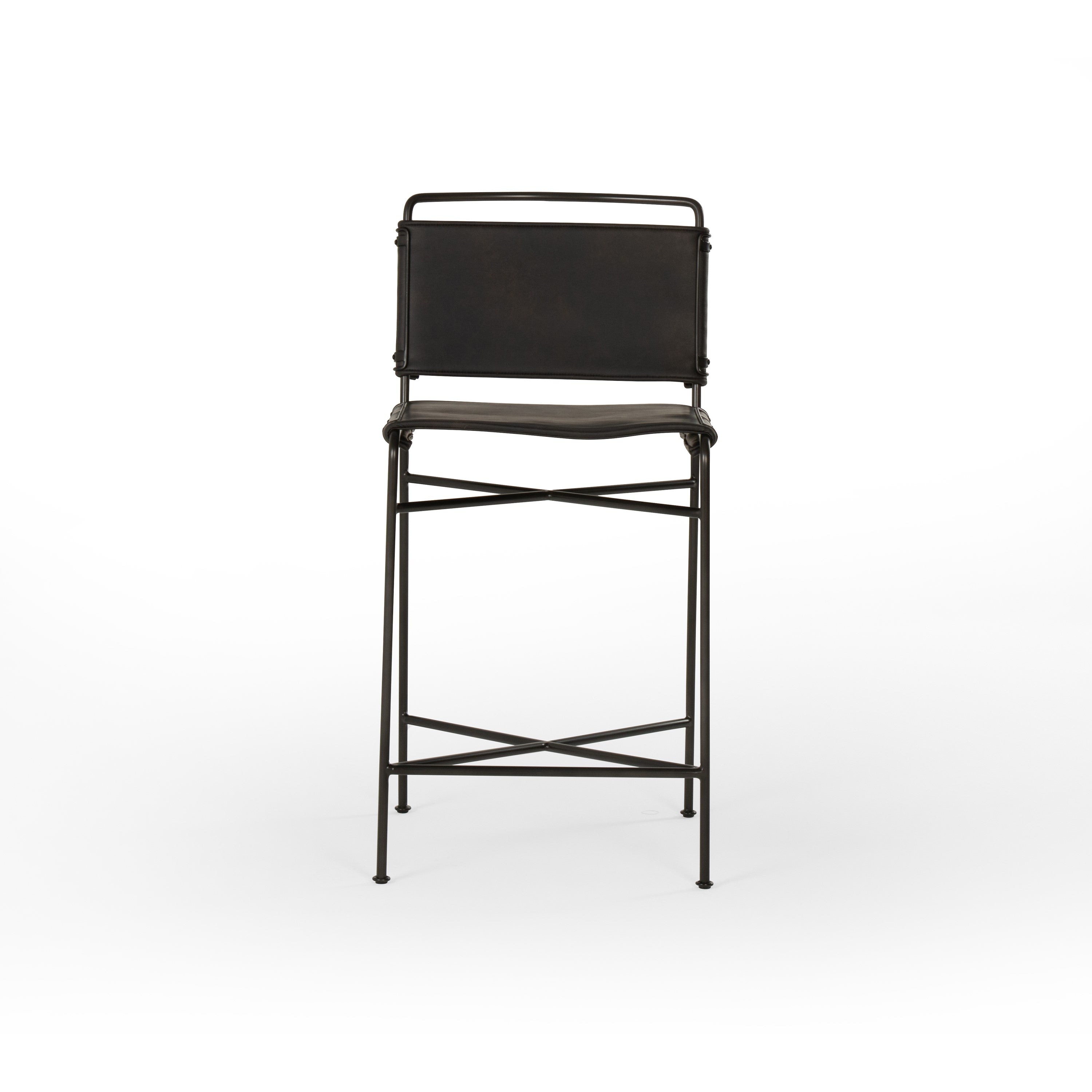 black metal counter stool with black leather seat and back