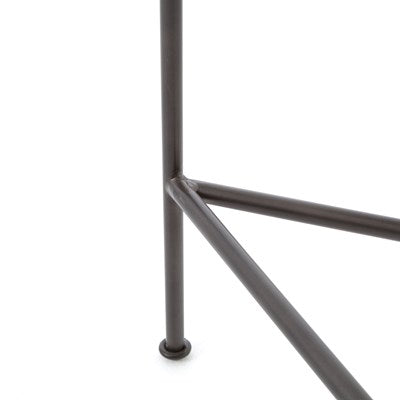 black metal counter stool with distressed grey canvas seat and back