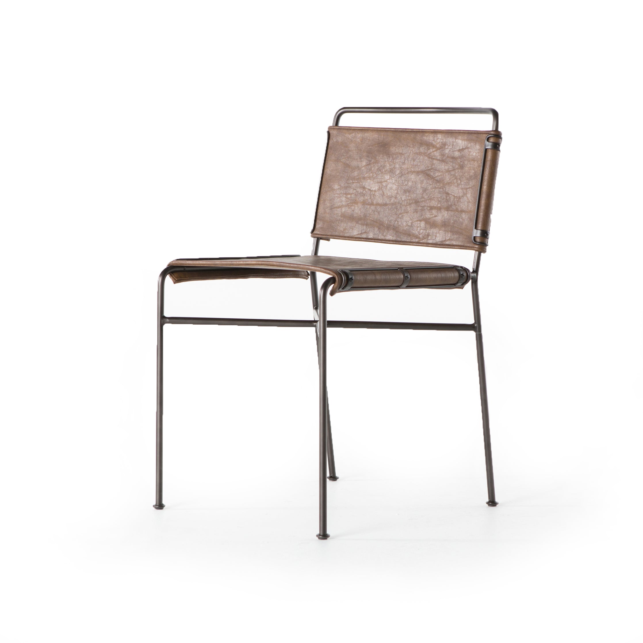 modern metal dining chair with distressed brown leather seat and back