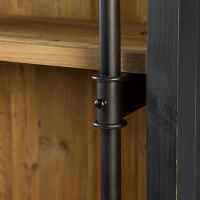 Distressed black wooden bookcase and ladder with stained wooden interior 