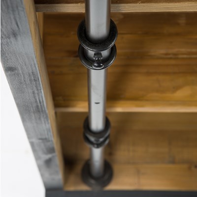 Distressed black wooden bookcase and ladder with stained wooden interior 