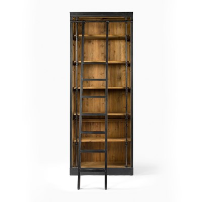Distressed black wooden bookcase and ladder with stained wooden interior 
