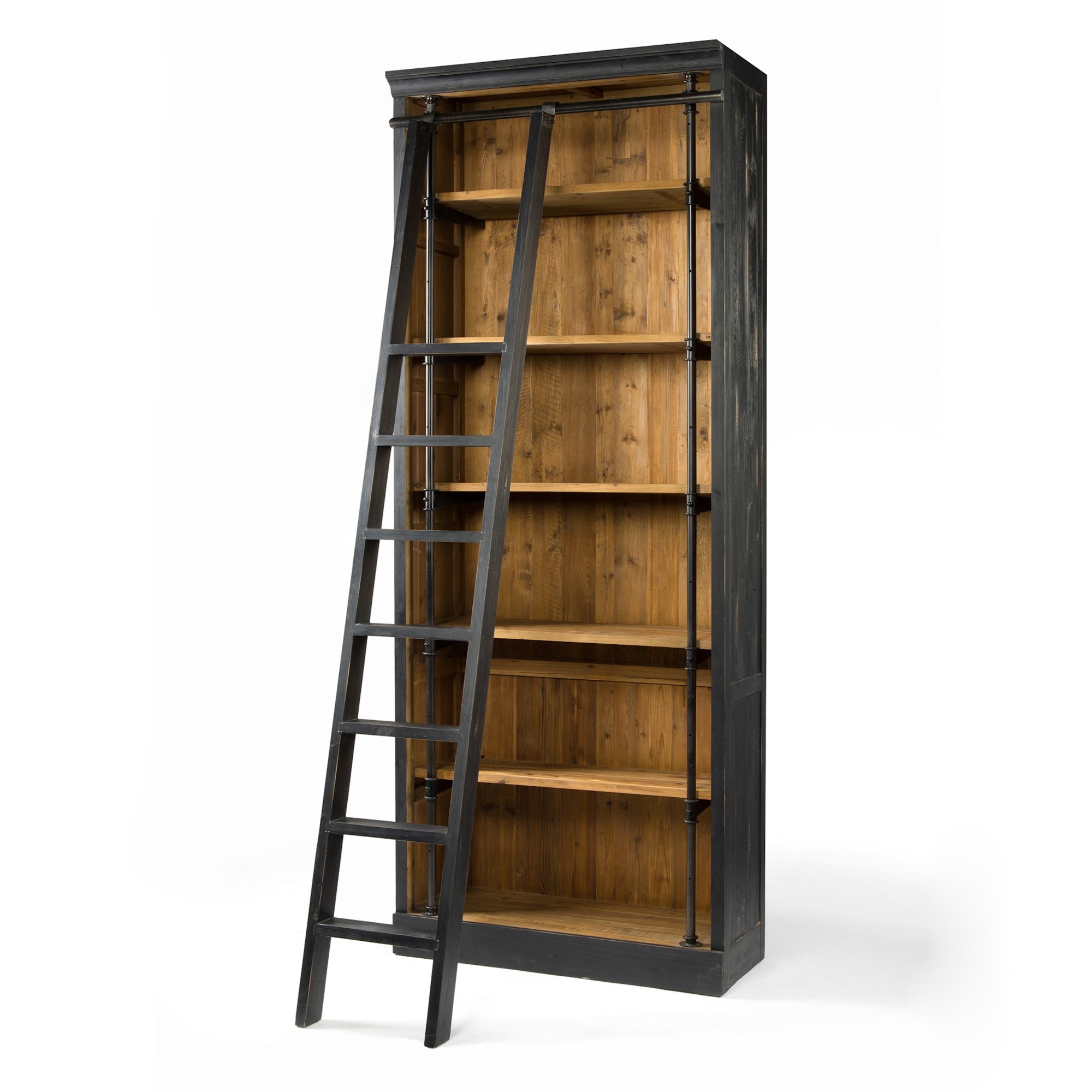 Distressed black wooden bookcase and ladder with stained wooden interior 