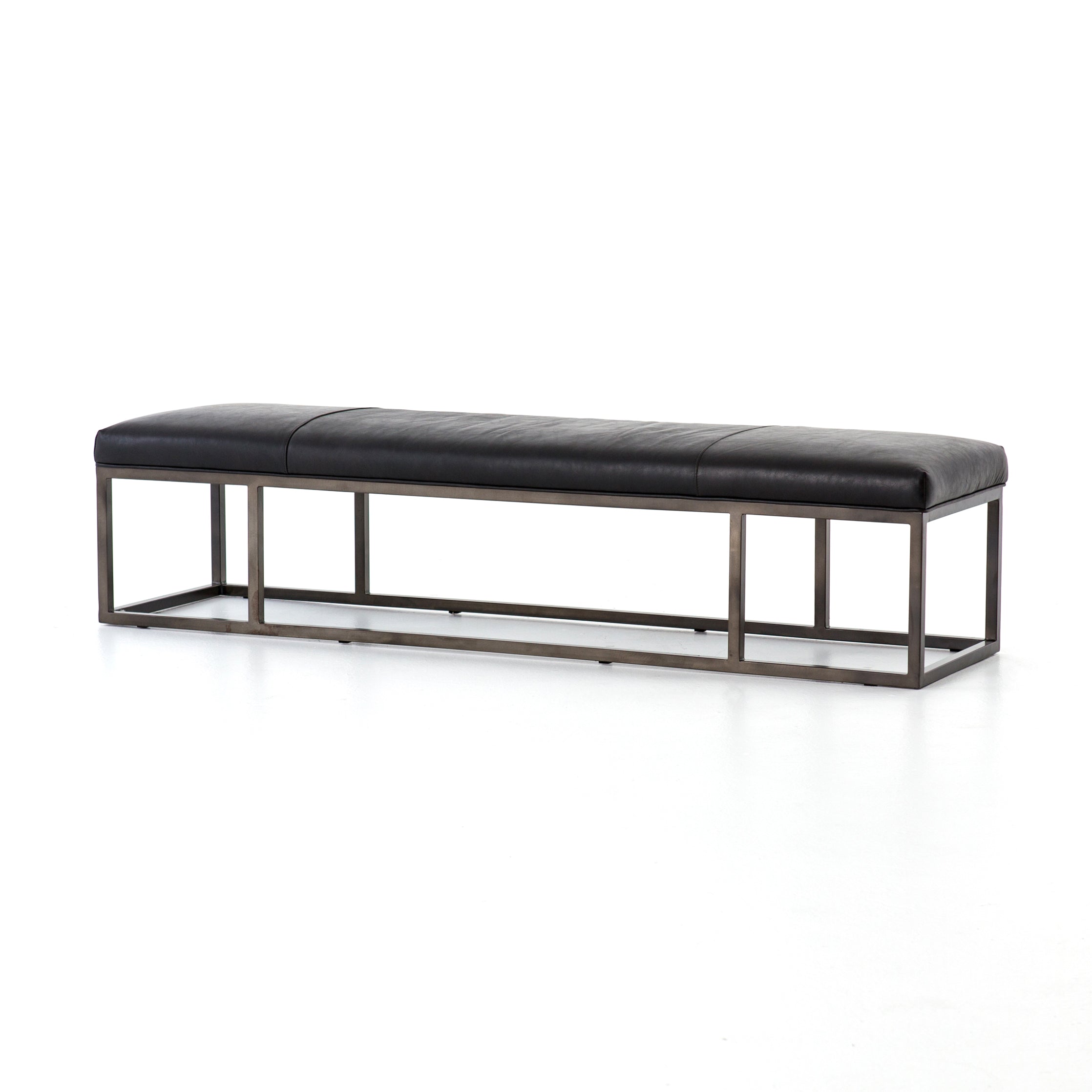 industrial black padded leather bench with metal base