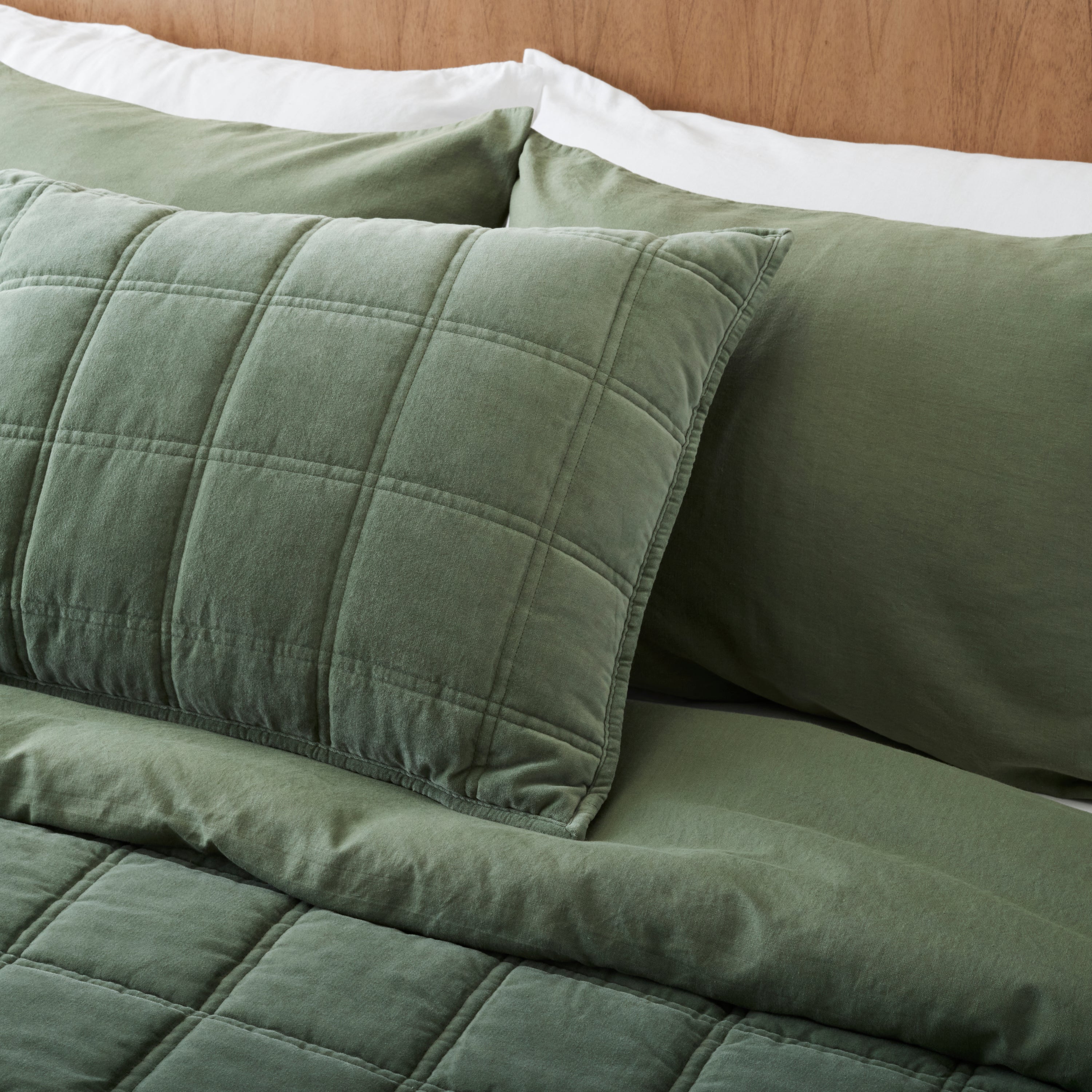 Dusty Green Linen Cotton Duvet Cover on made bed