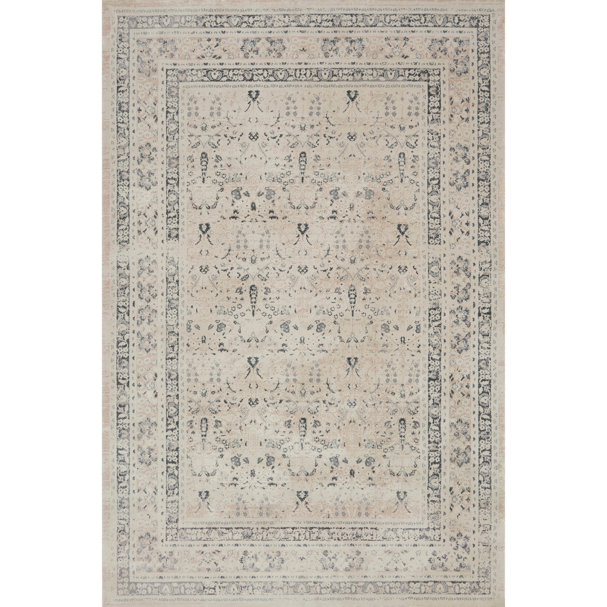 ivory and tan distressed rug with floral detail