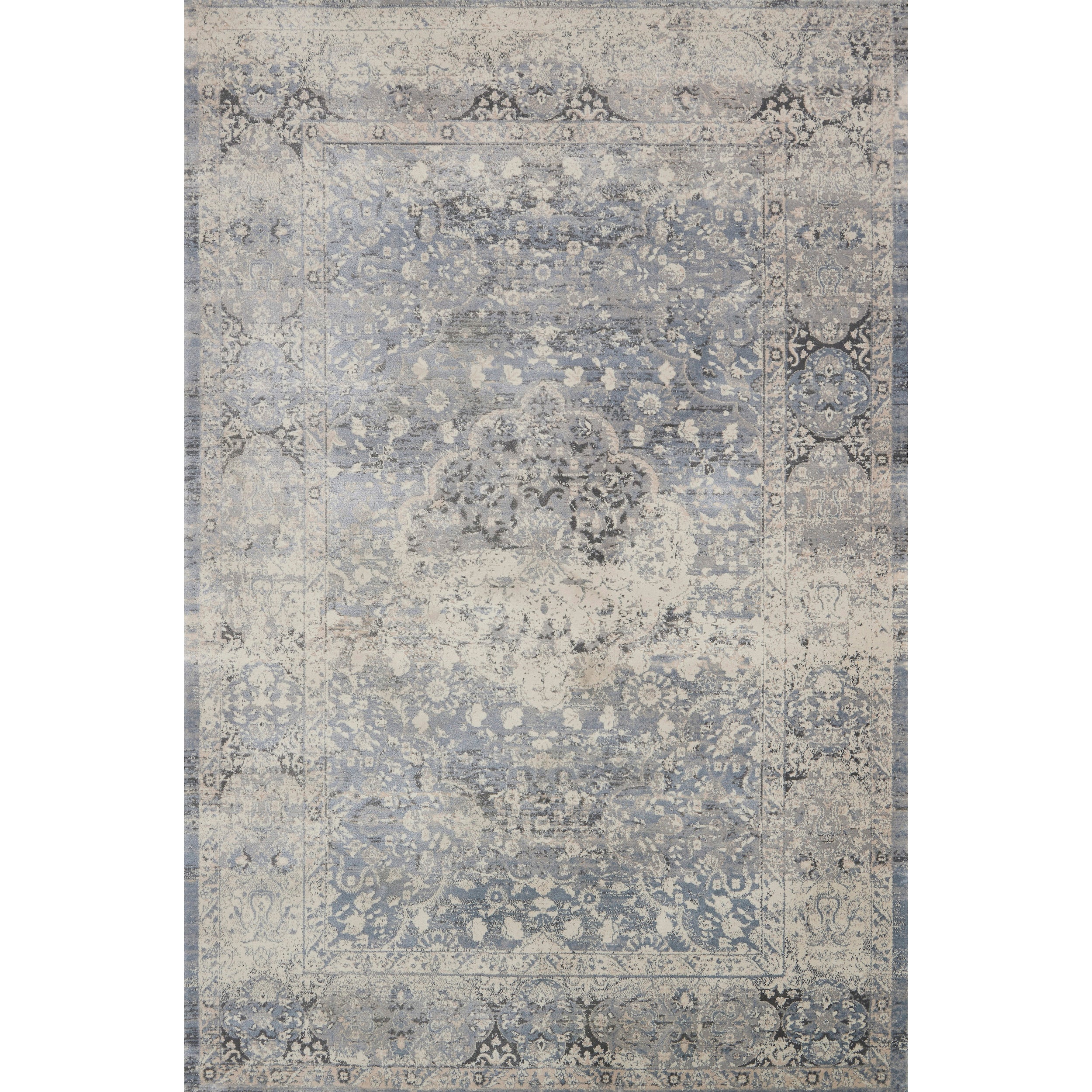medium blue-grey distressed rug with floral pattern