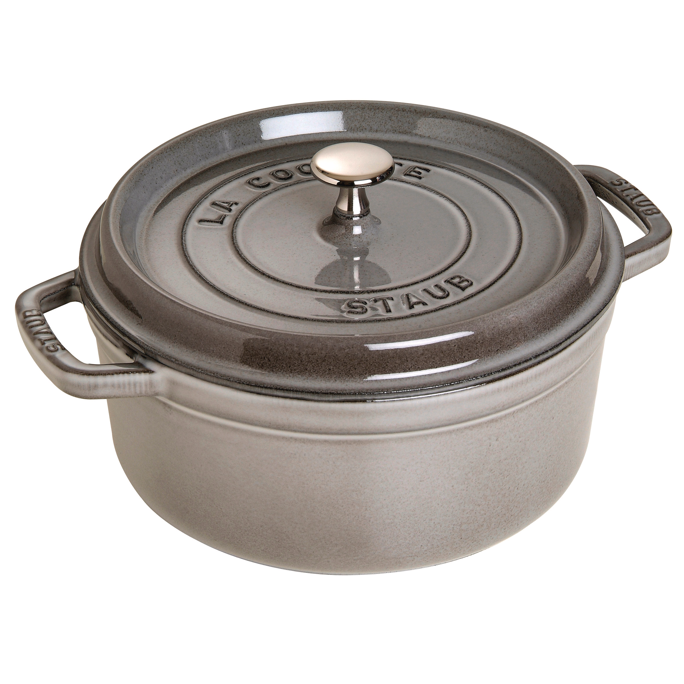 Staub 5.5 quart round cast iron dutch oven in graphite grey