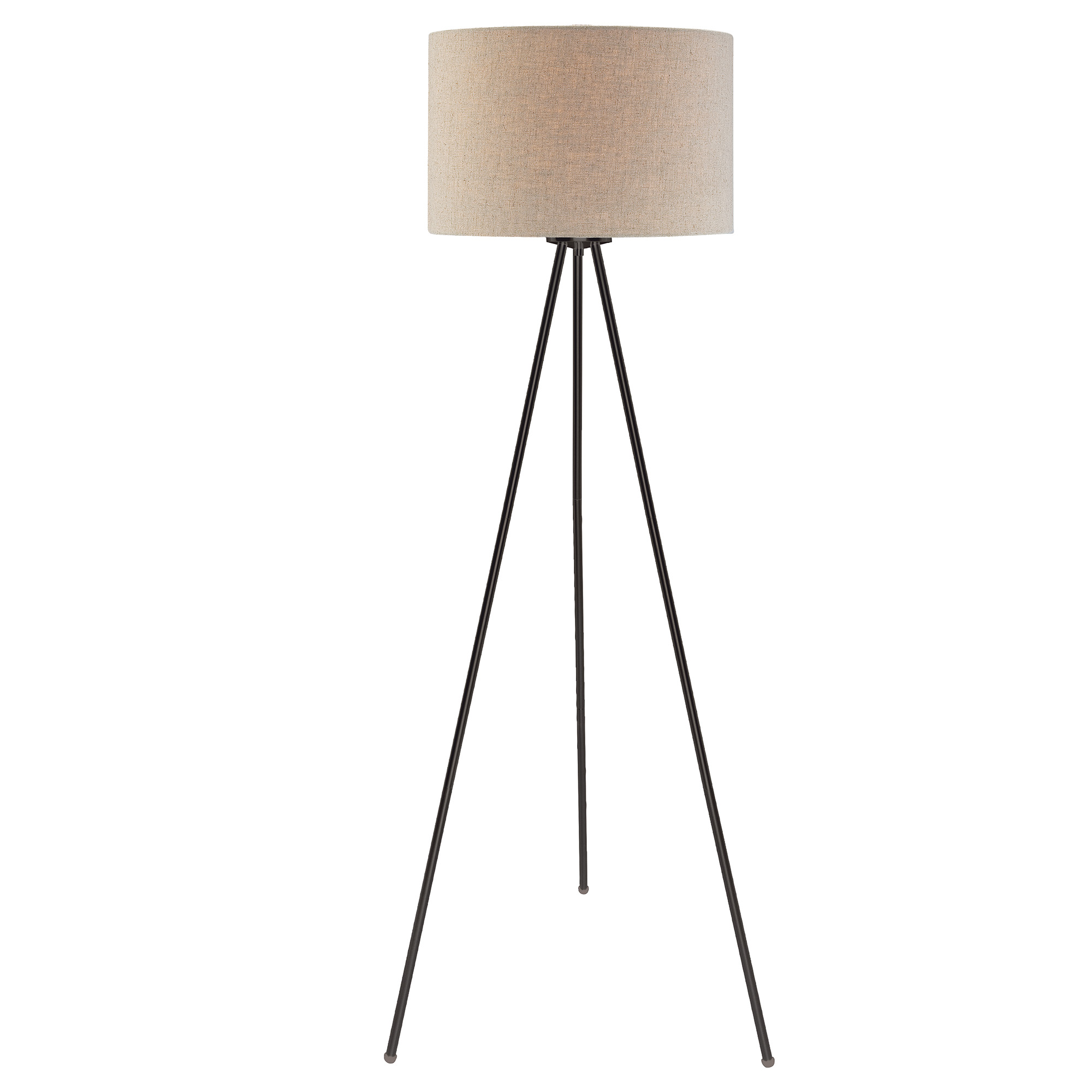 bronze metal tripod floor lamp with tan fabric drum shade