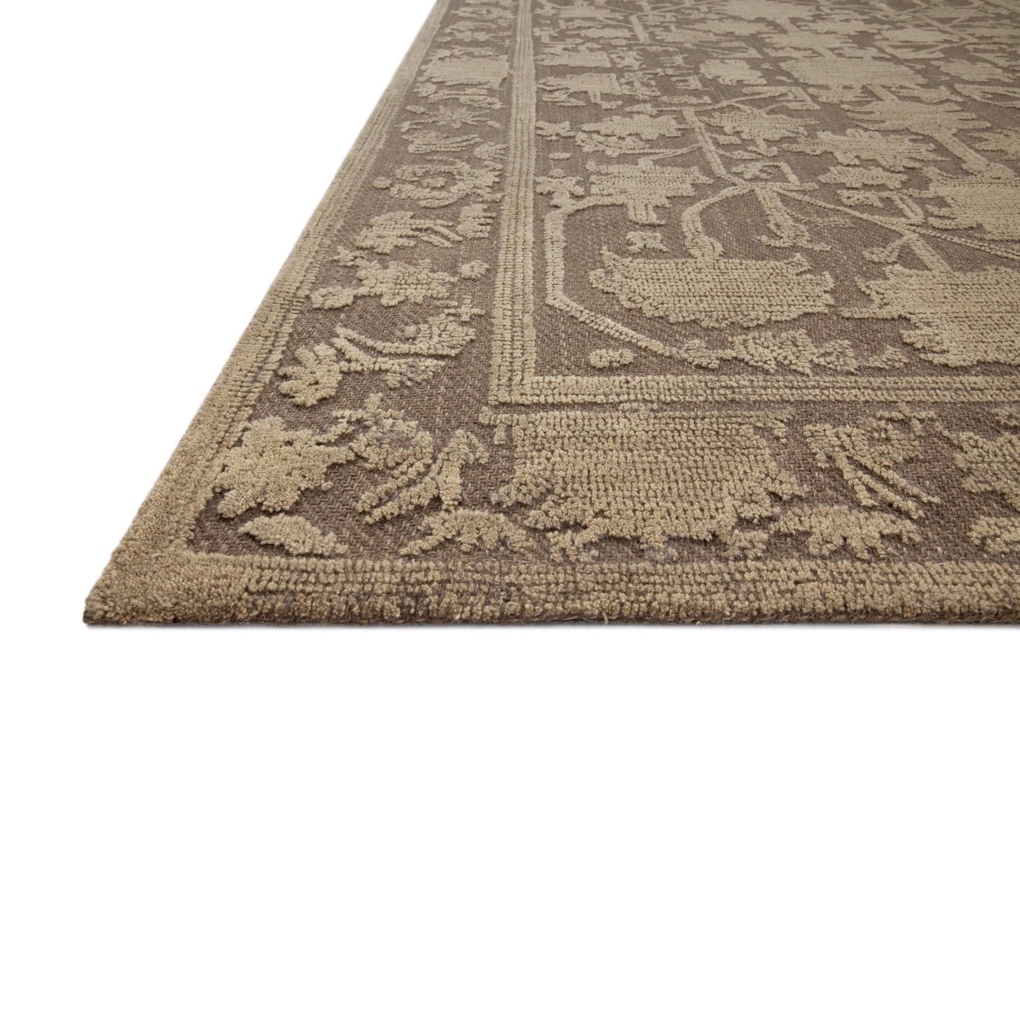 Close up of the corner of Gloria Bark Khaki Rug