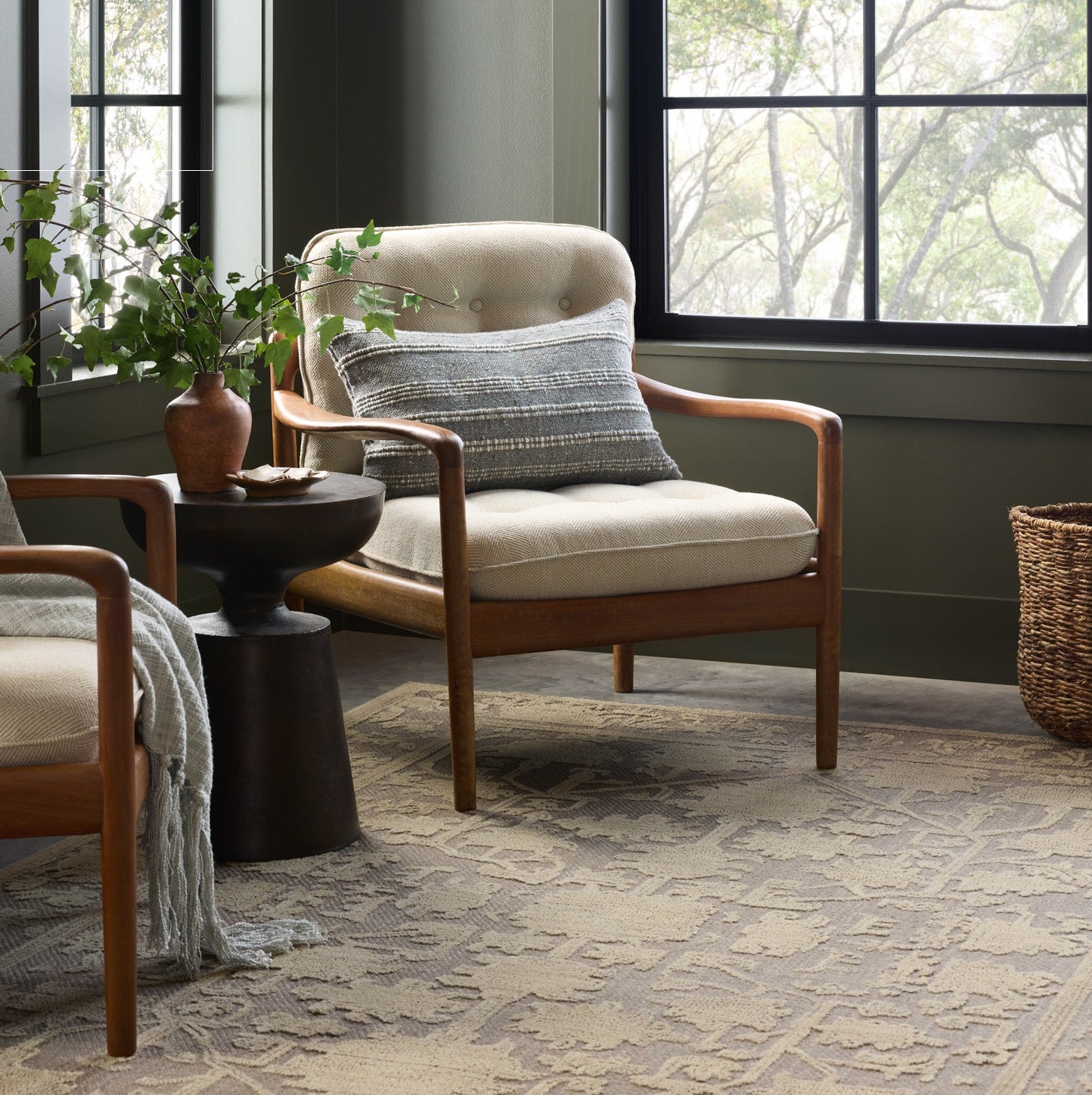 Gloria Bark Khaki Rug in a living room 