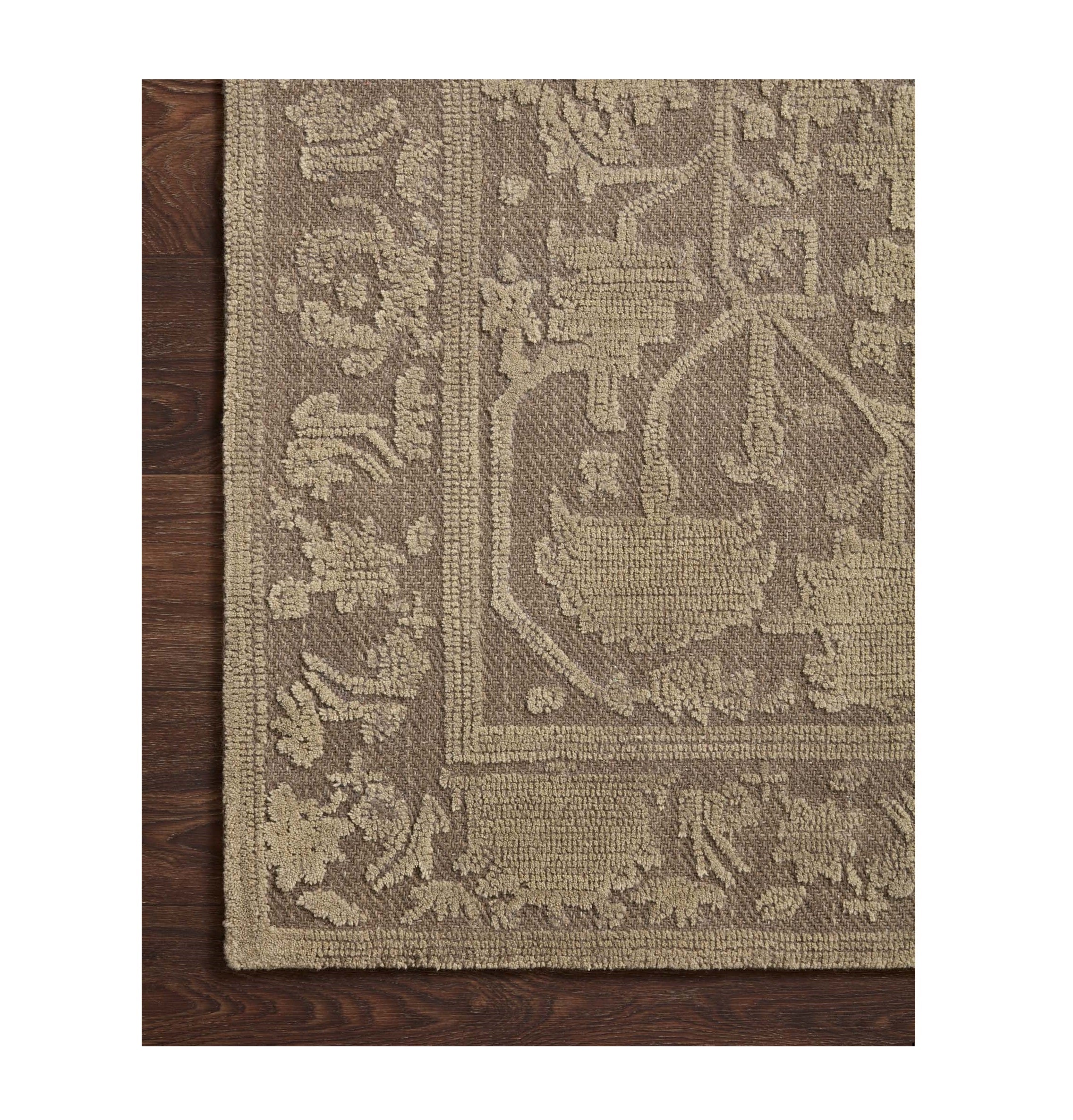 Gloria Bark Khaki Rug top view close up of corner on wood floor