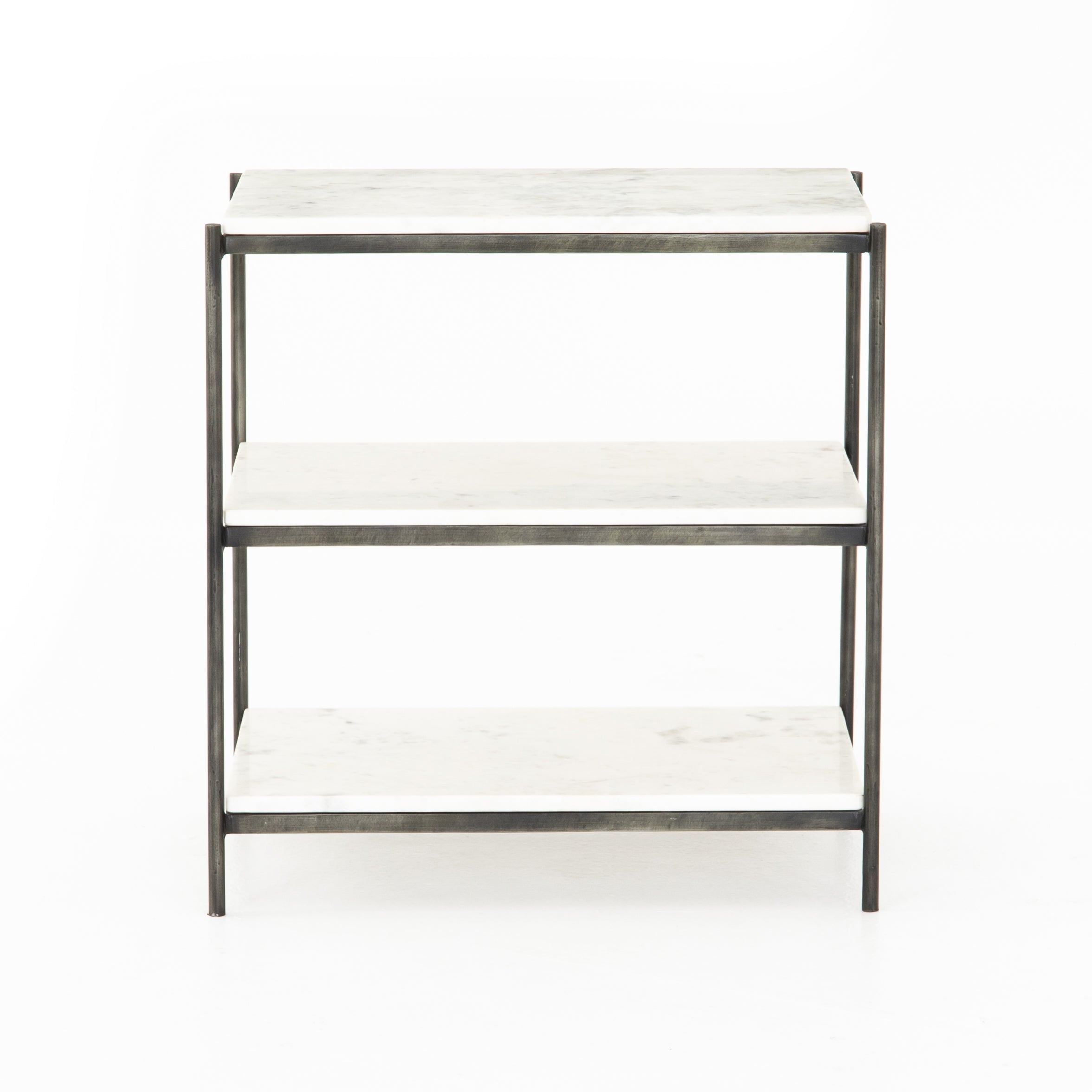 hammered metal and white marble nightstand with two shelves