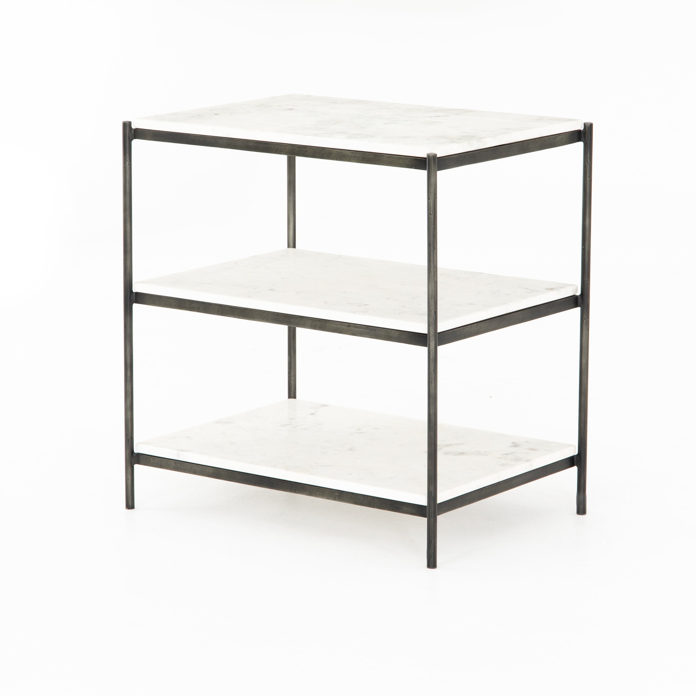 hammered metal and white marble nightstand with two shelves