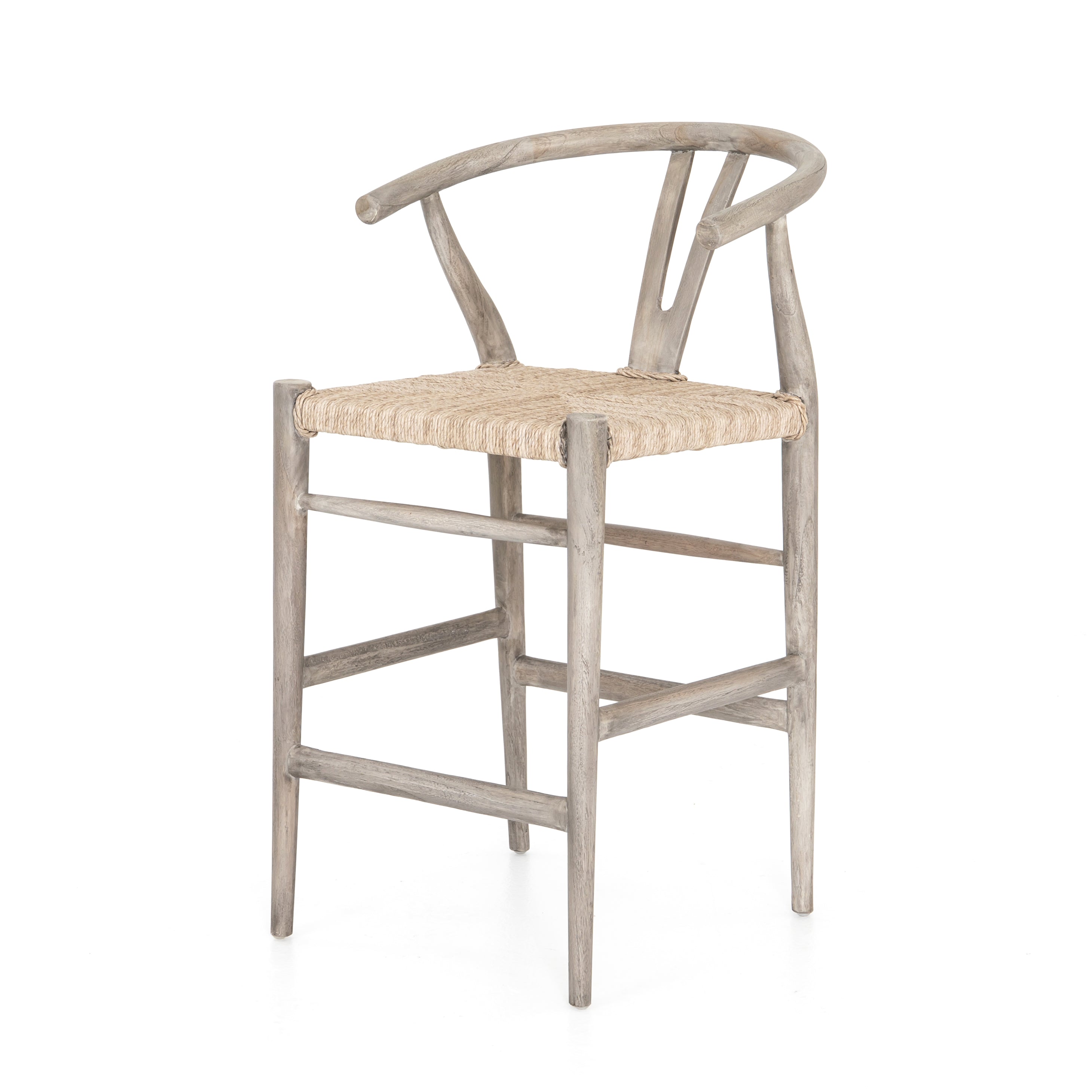 weathered grey wooden counter stool with curved back and woven seagrass seat