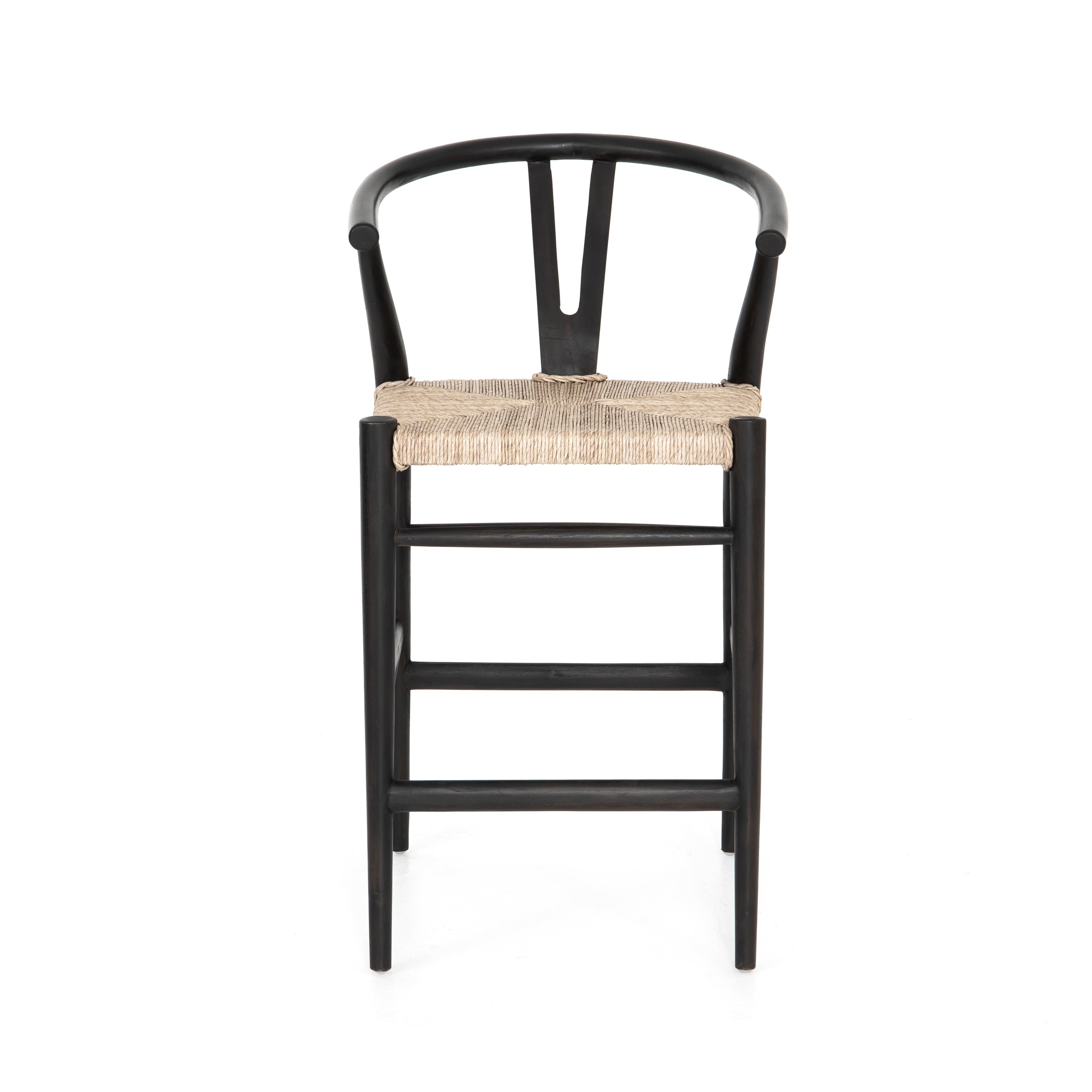 black wooden counter stool with curved back and woven seagrass seat