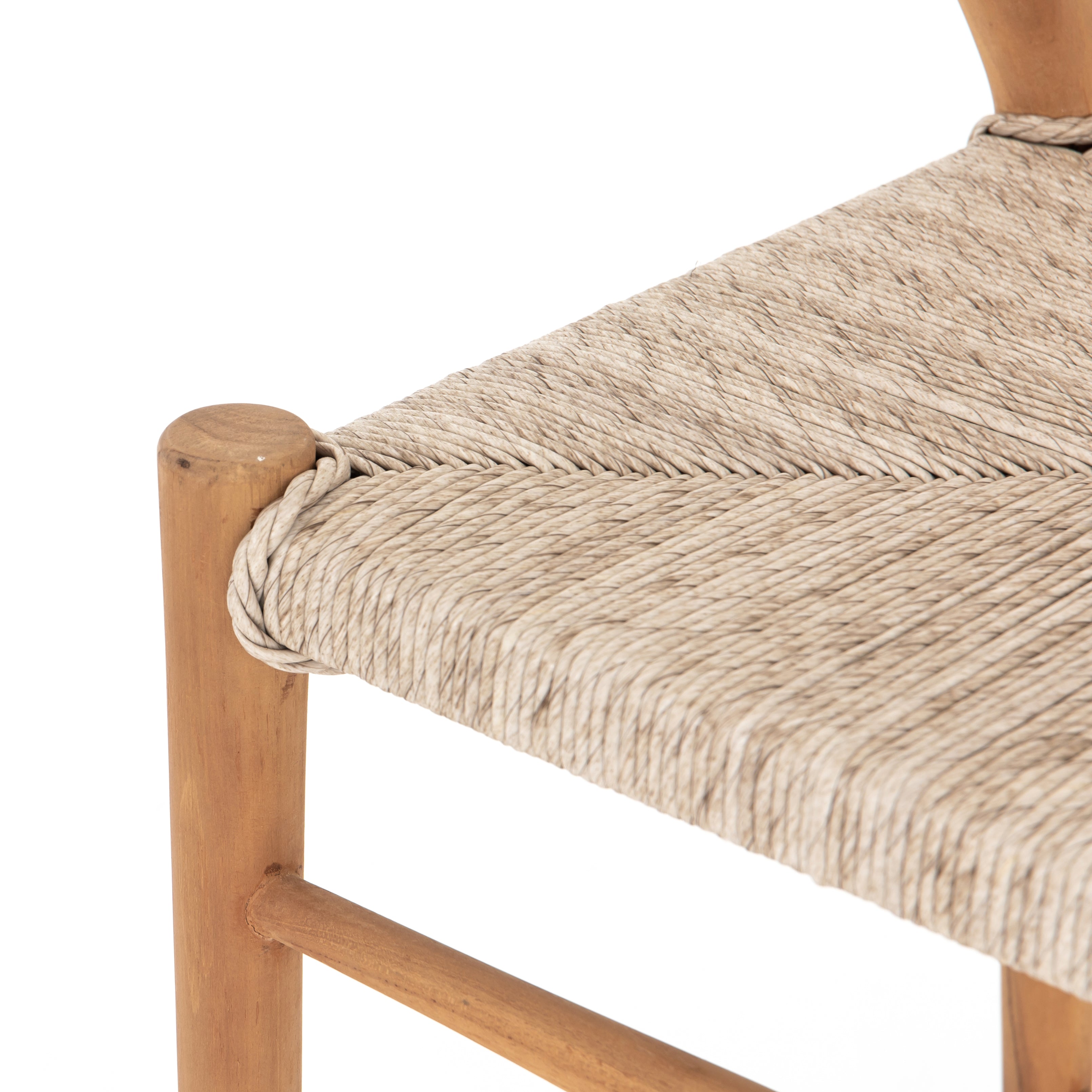 natural teak with matte finish bar stool with curved back and woven seagrass seat