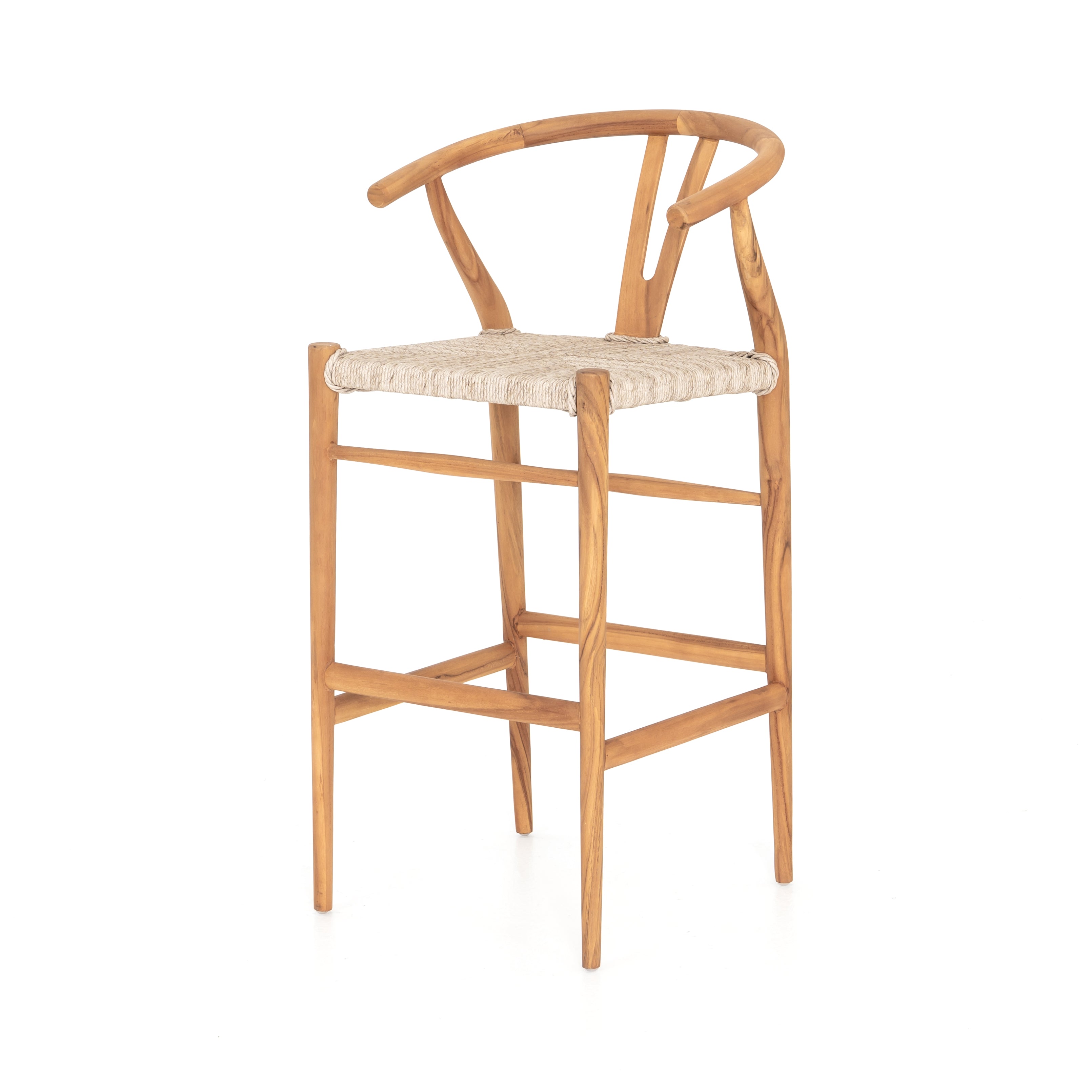 natural teak with matte finish bar stool with curved back and woven seagrass seat