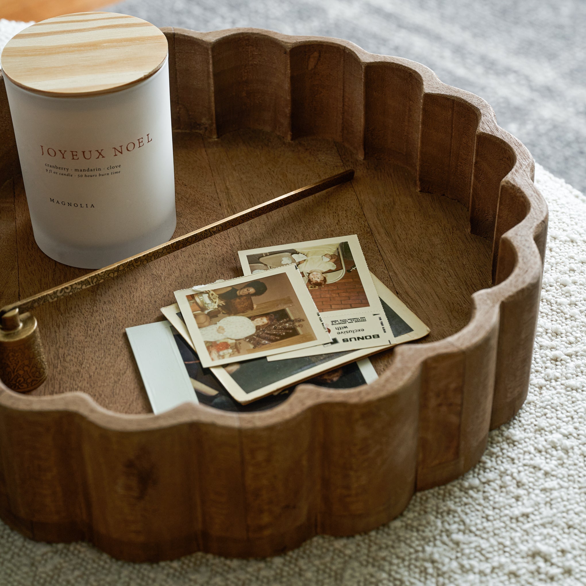 Magnoliass Antiqued Wood Scalloped Tray