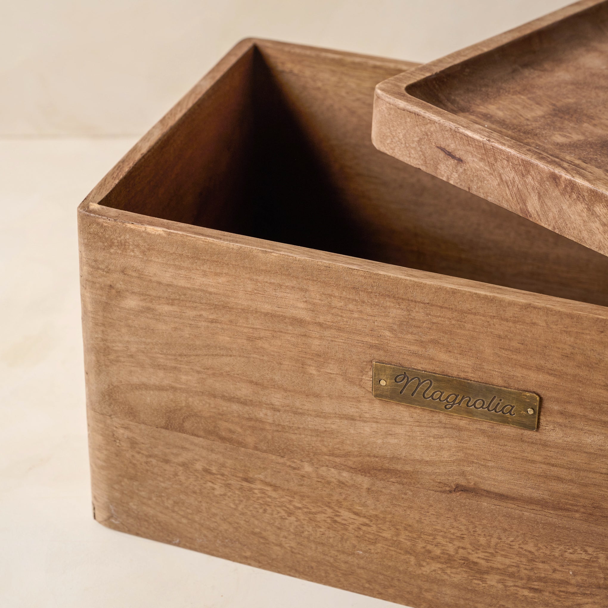 Magnoliass Antiqued Wood Storage Box with top ajar