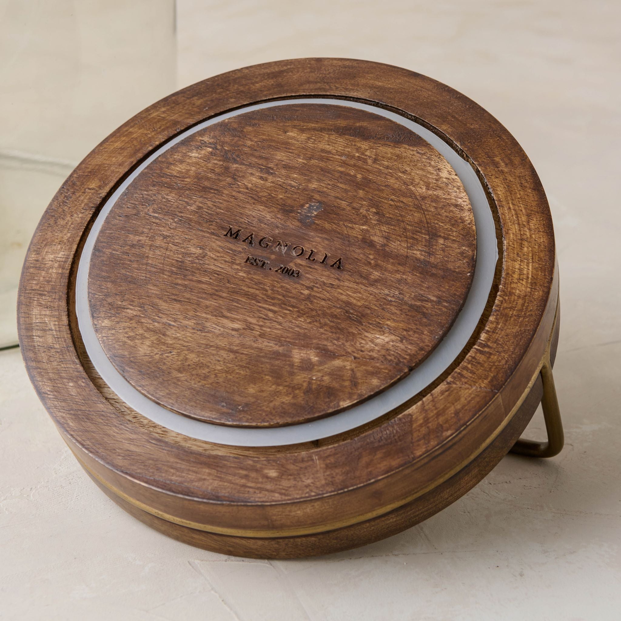 Magnoliass glass canister with wood and antique brass lid