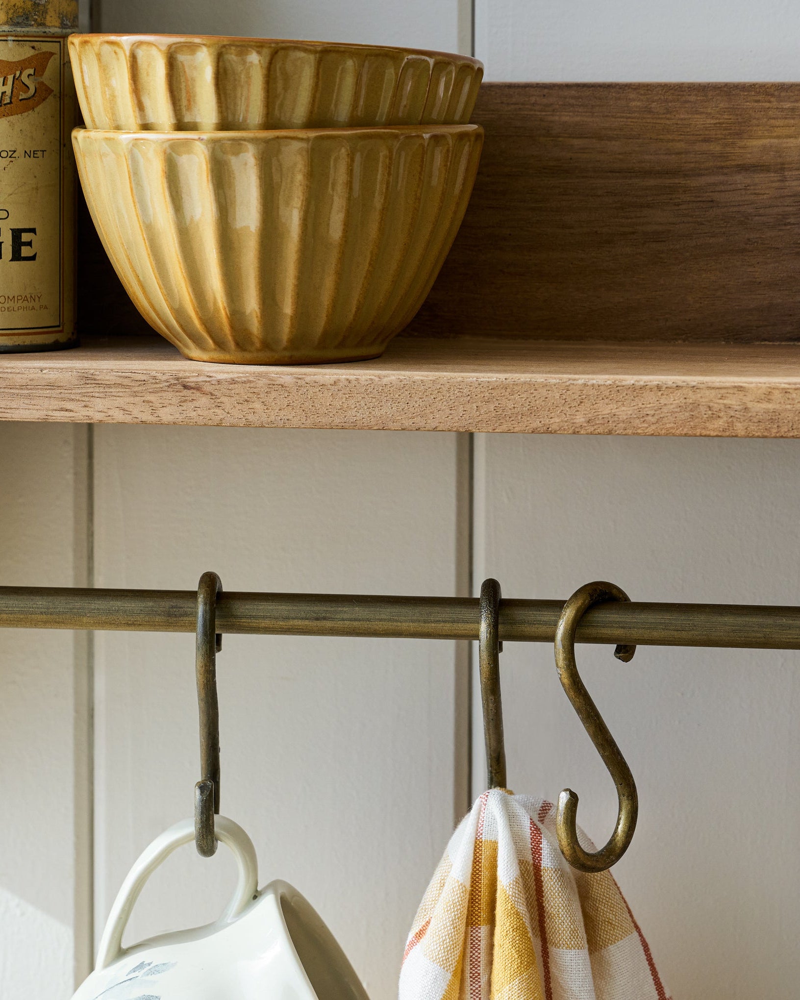 Hannon Wood and Brass Display Shelf with bowl on shelf