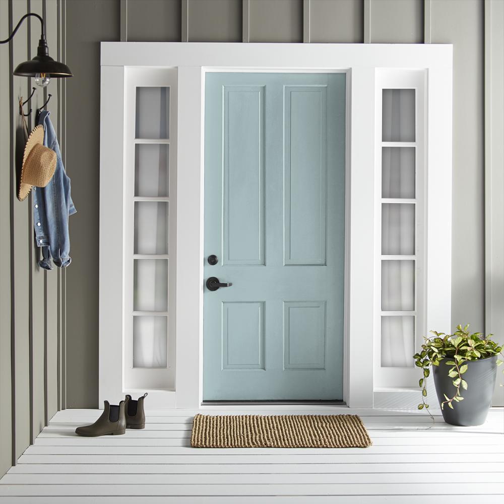 A sky blue muted with shades of gray exterior paint