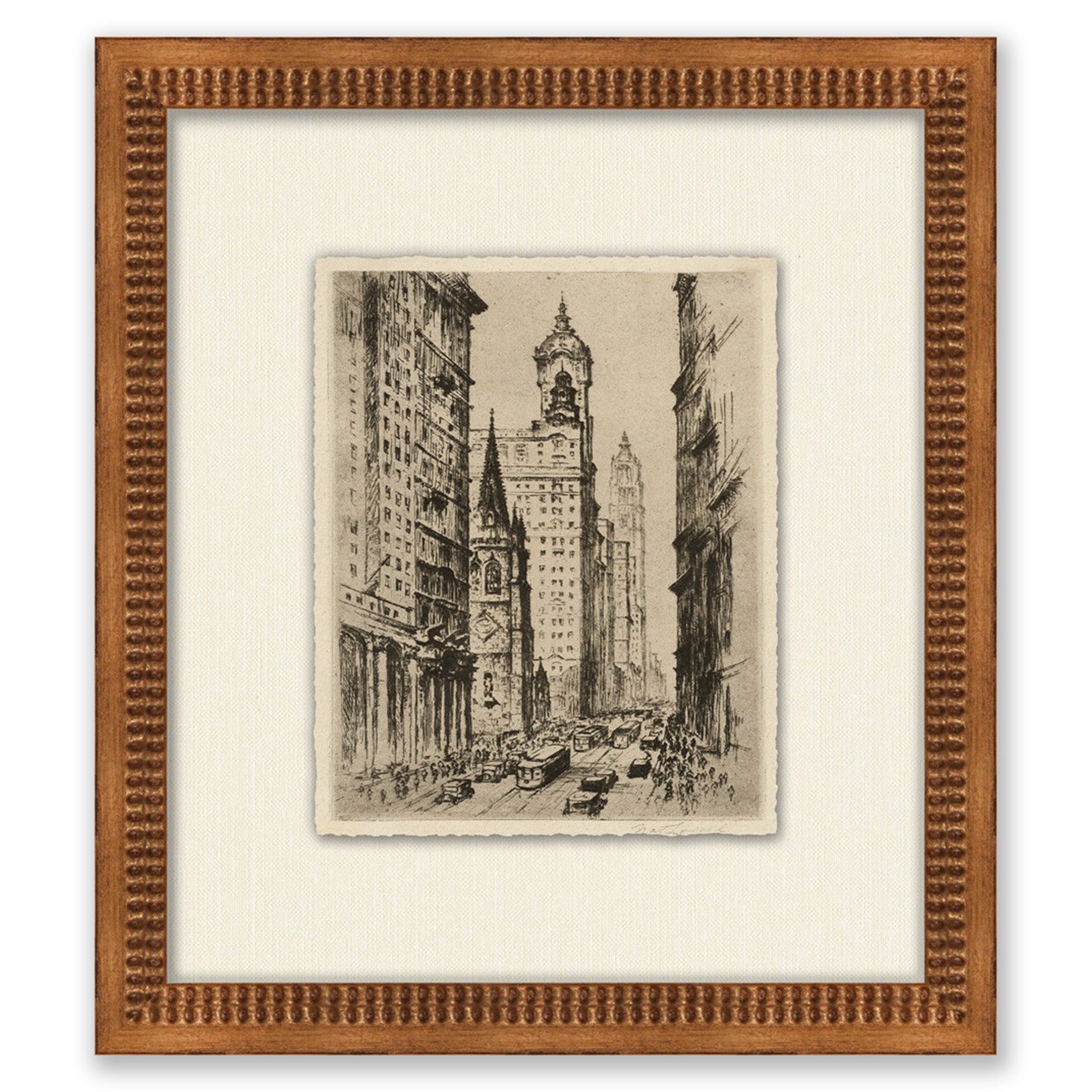 sketch of manhattan in wooden frame with textured cream mat