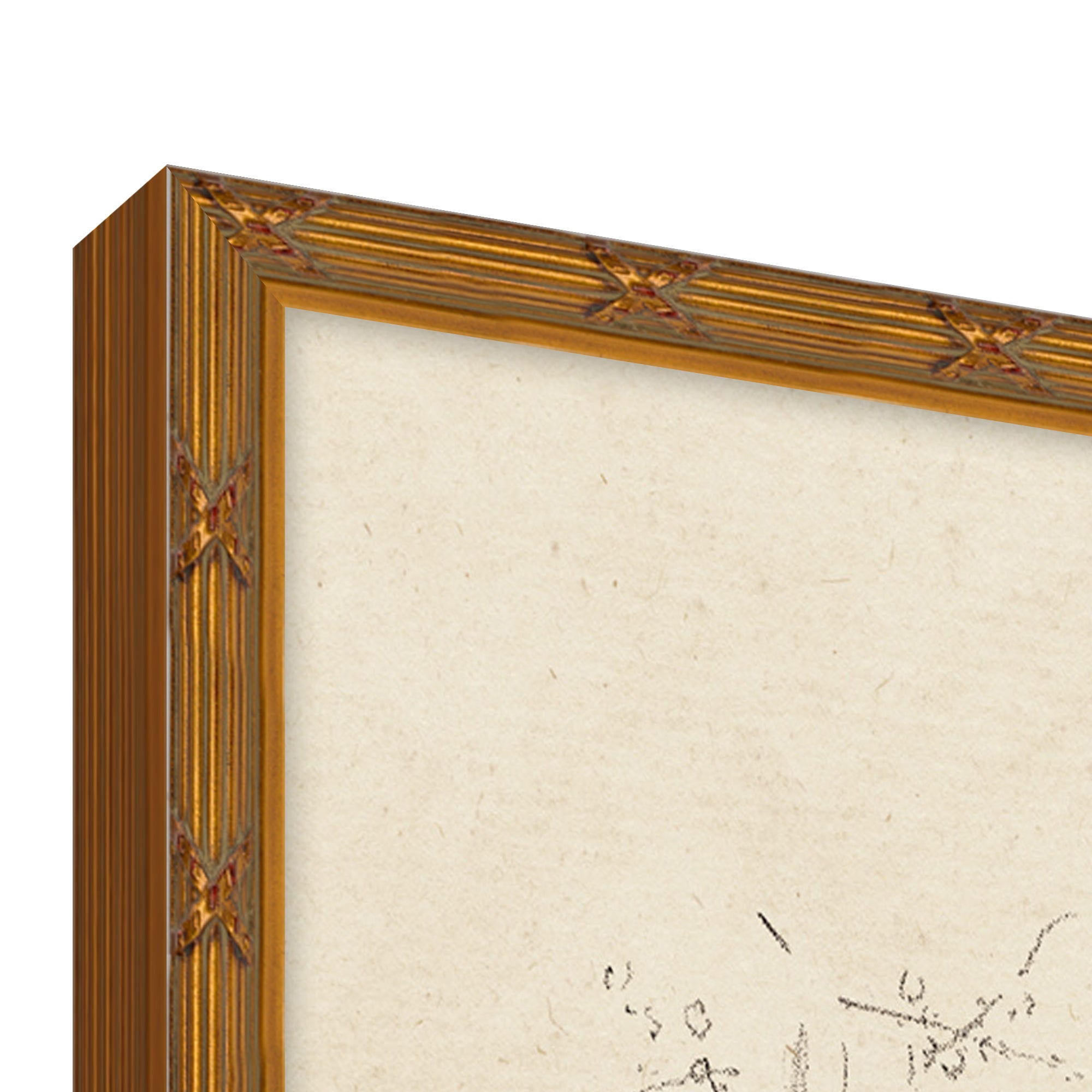framed distressed sketch of old houses in gold frame
