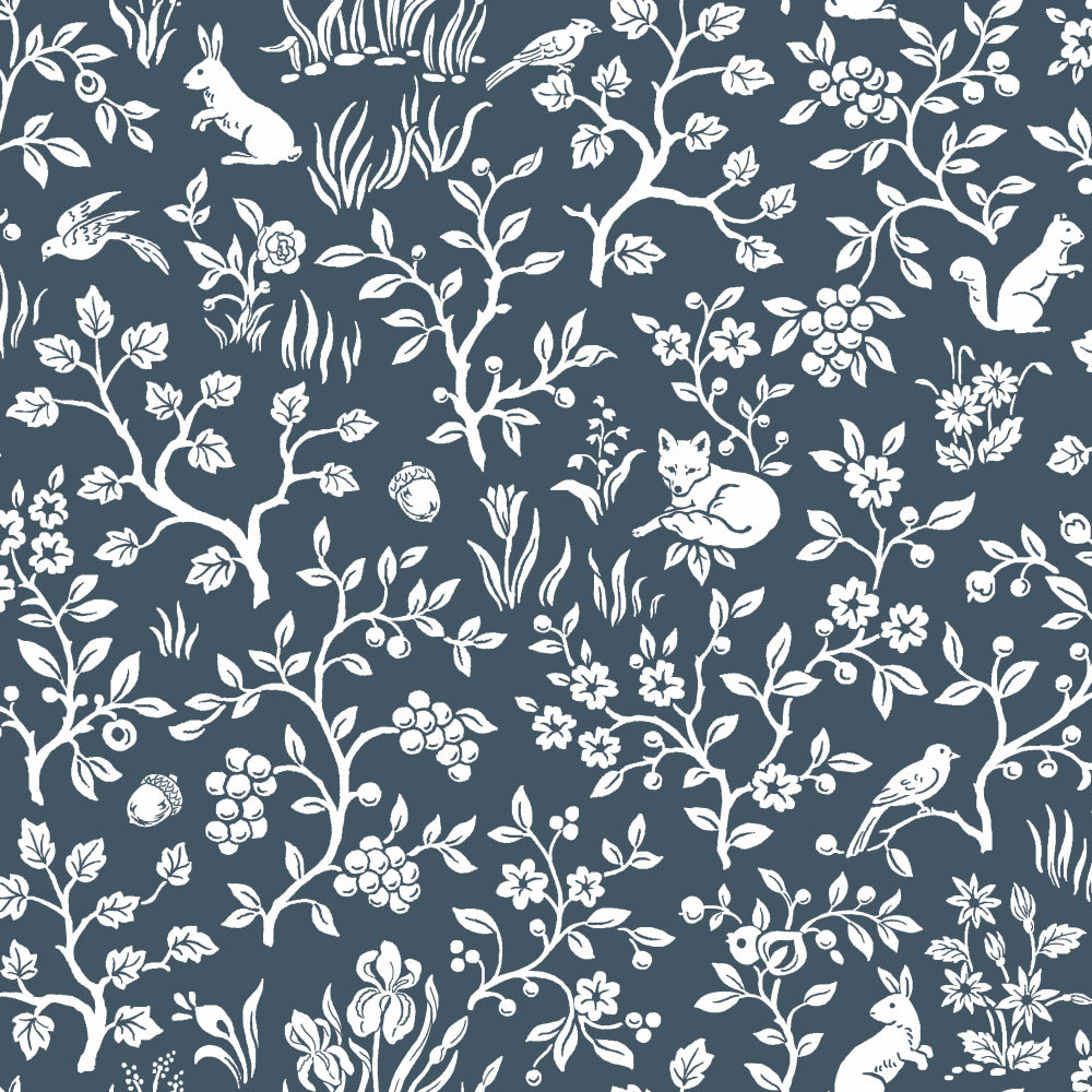 navy and white woodland sketch patterned wallpaper 