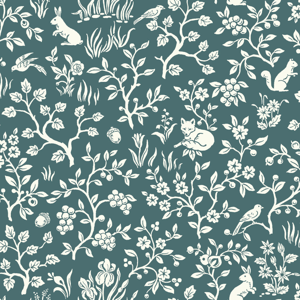 teal and white woodland sketch patterned wallpaper 