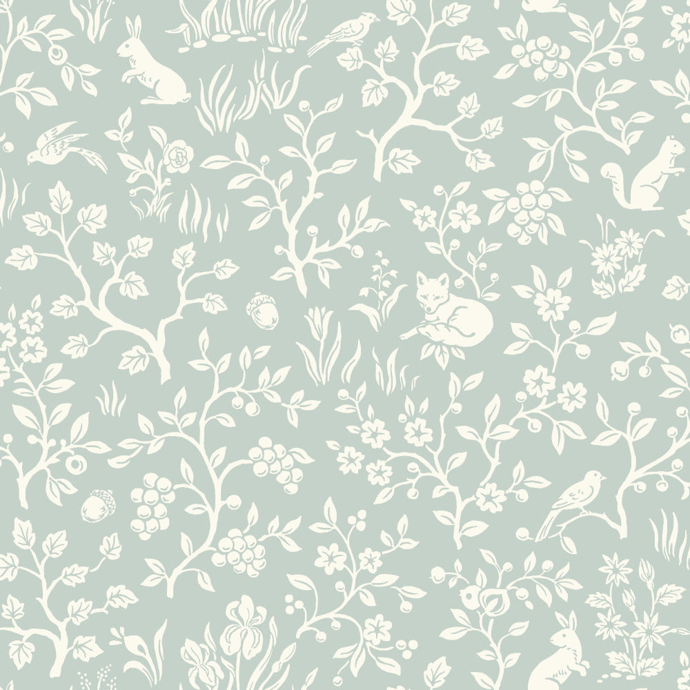 mineral green and white woodland sketch patterned wallpaper