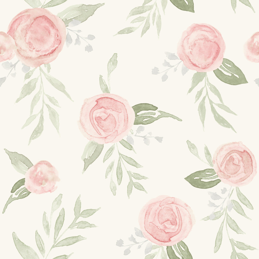 light coral watercolor rose pattern on white wallpaper