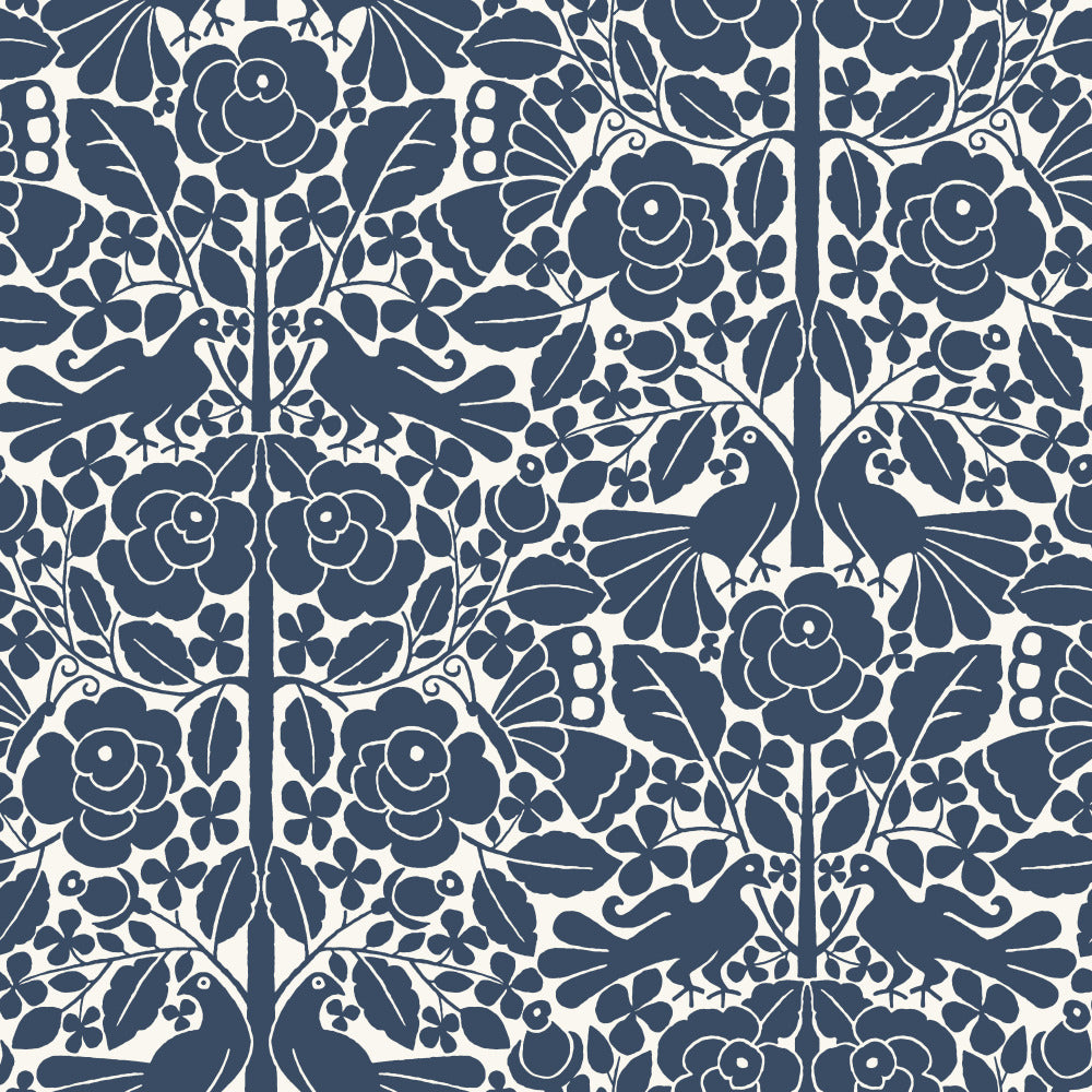 navy and white floral and bird pattern wallpaper