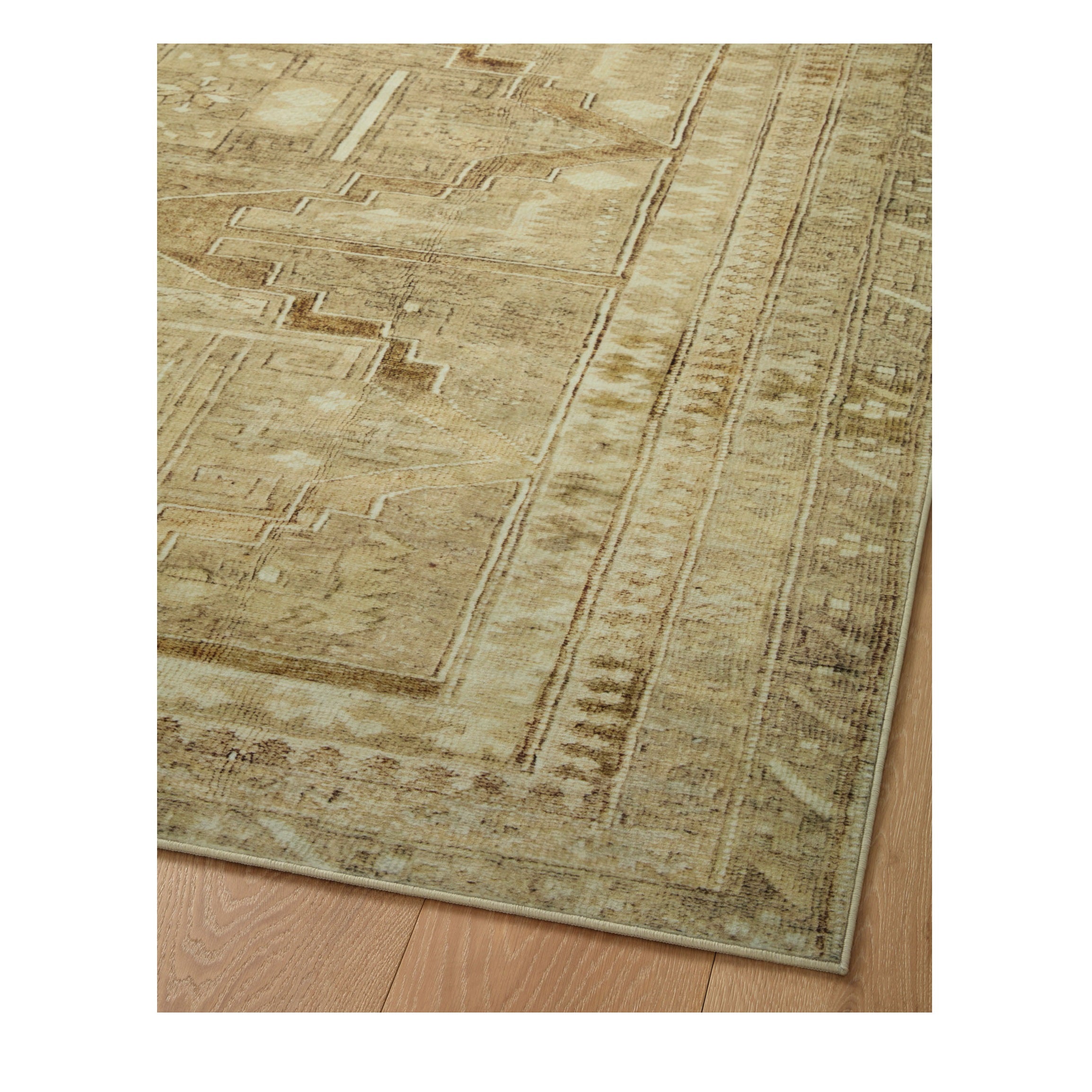 Sinclair Khaki Tobacco Rug corner on wood floor