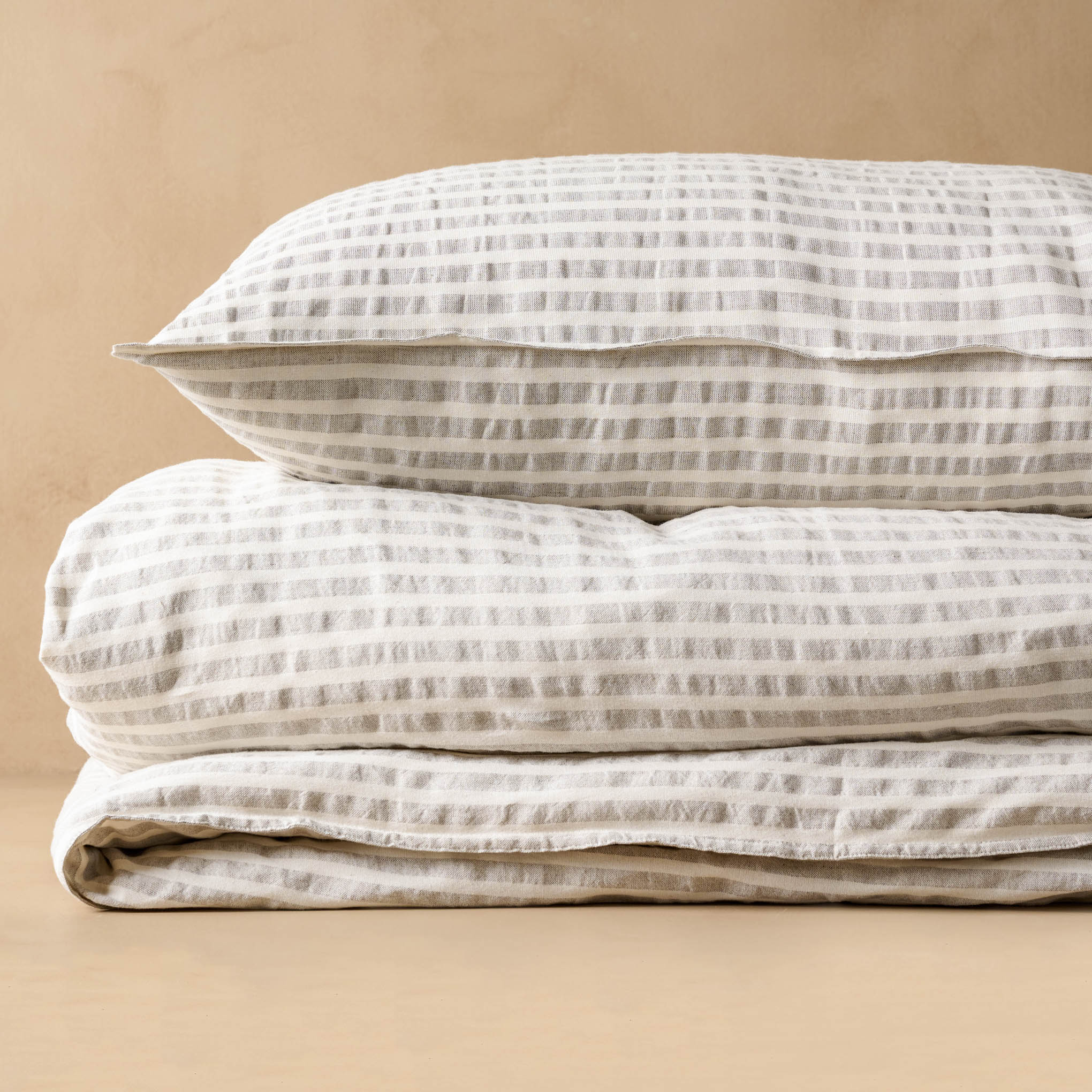 Shadow Grey + Oatmeal Stripe Linen Cotton Sham with matching duvet