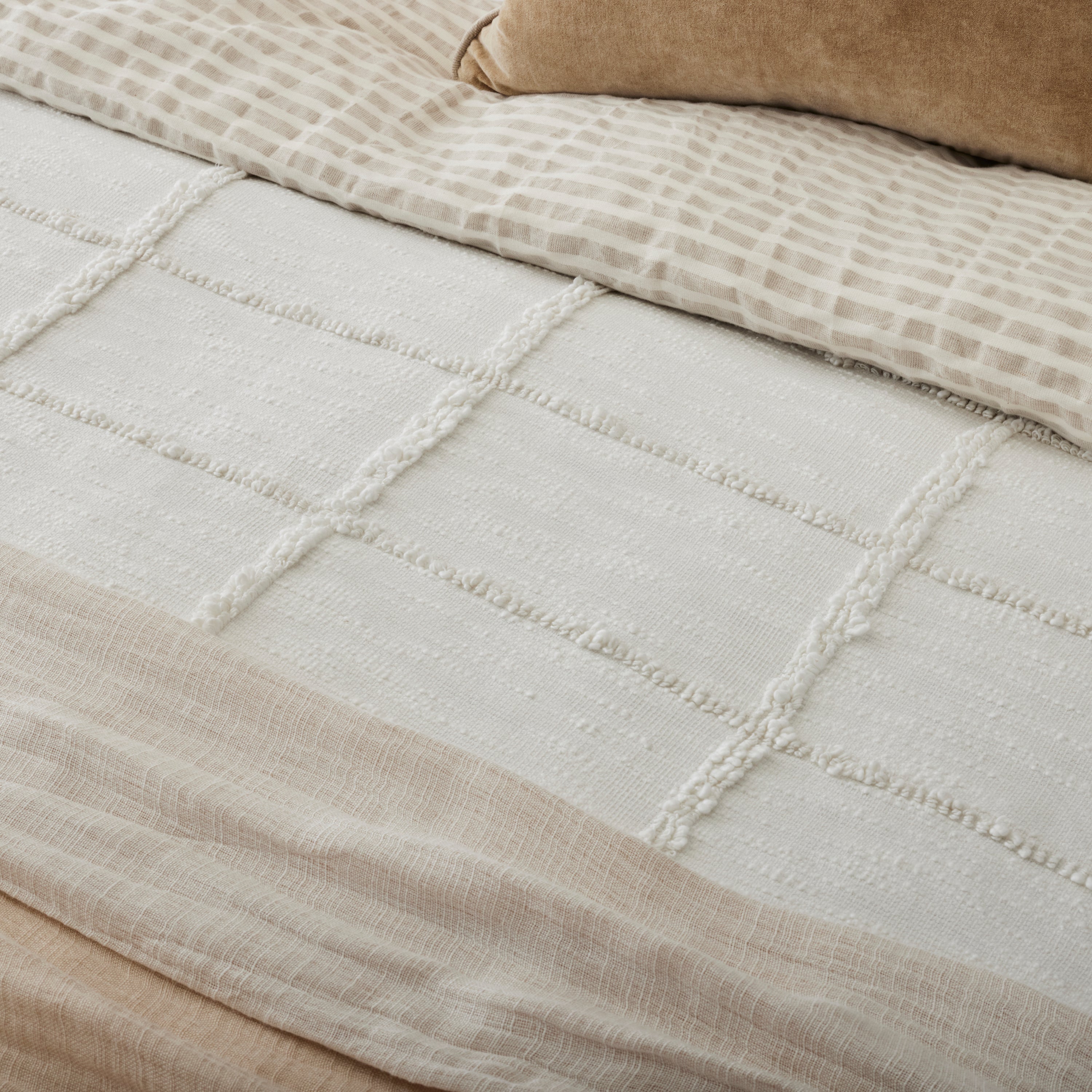 Angora + Oatmeal Stripe Linen Cotton Duvet on a made bed - close up